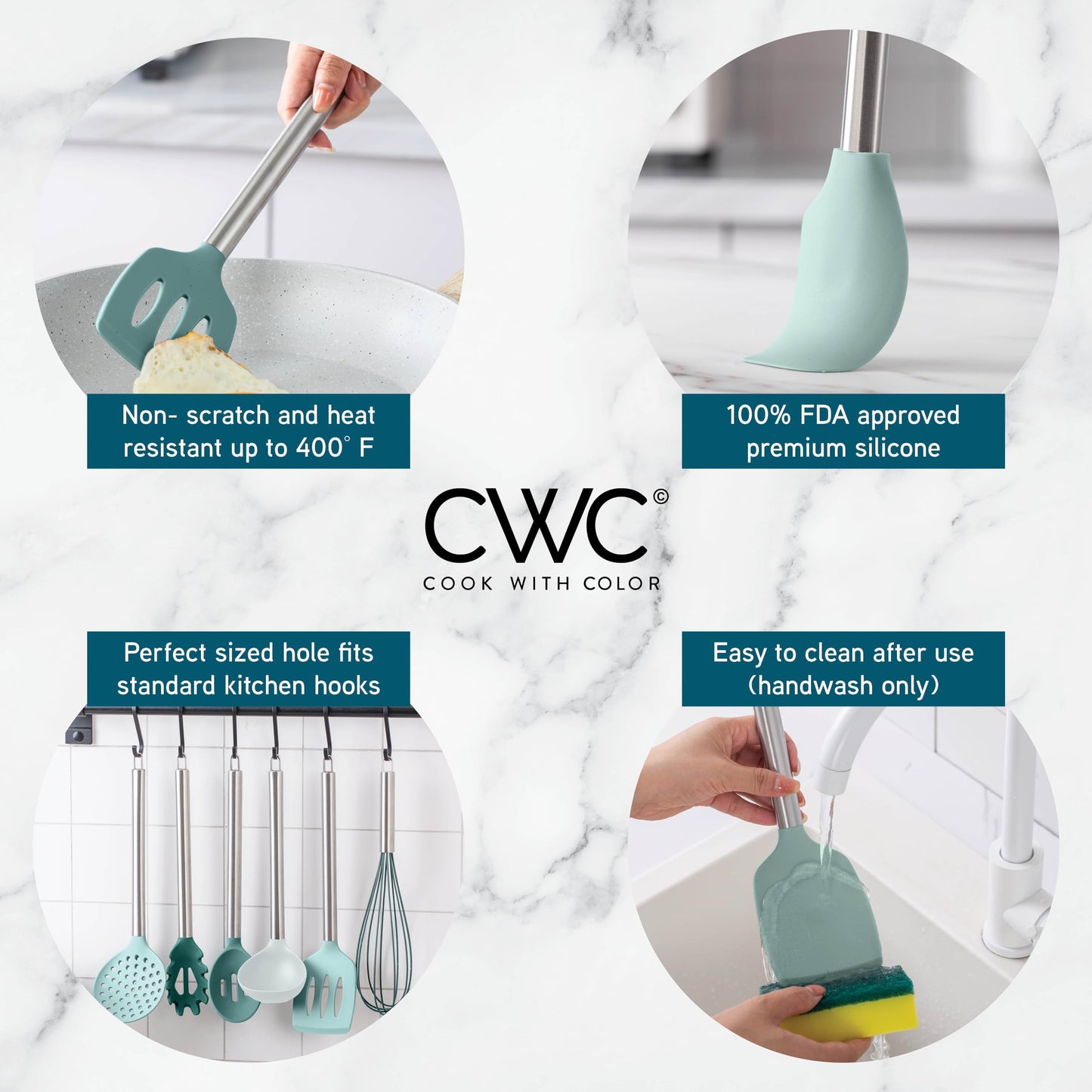 Teal COOK WITH COLOR Silicone Cooking Utensils, Kitchen Utensil Set, Easy to Clean Silicone Kitchen Utensils, Cooking Utensils for Nonstick Cookware, Kitchen Gadgets Set, 10 Pieces, Teal