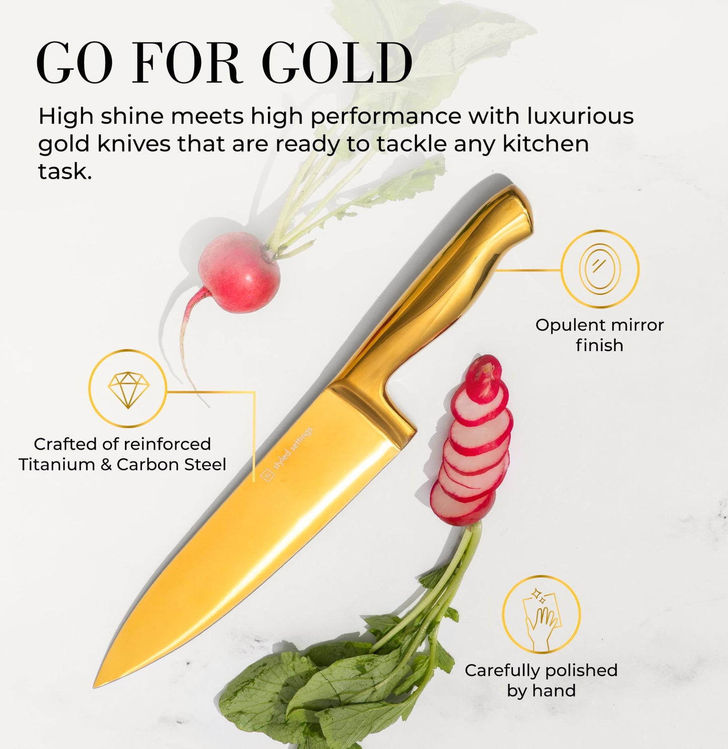 Black and Gold Knife Set with Block – 14-Piece Ultra-Sharp Full Tang Knives with Self-Sharpening Knife Block – Stylish Black and Gold Kitchen Accessories and Decor