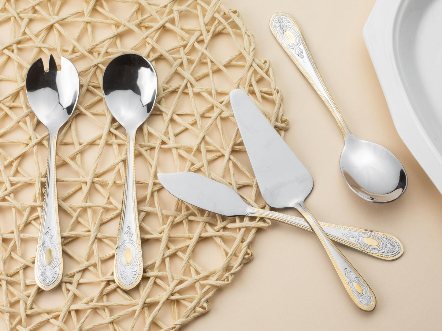 5 Piece Hostess Set - 18/10 Stainless Steel Serving Utensil Set - Gorgeous Vintage Handle with Gold Detailing - Dishwasher Safe - Silver and Gold Flatware Hostess Serveware (Amalfi)