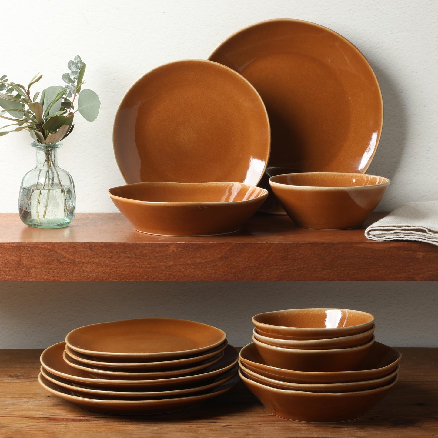 Bloomhouse - Oprah's Favorite Things - Montecito Breeze 16 Piece (Service for 4) Double Plates and Bowls Stoneware Reactive Glaze Dinnerware Set - Terracotta Canyon