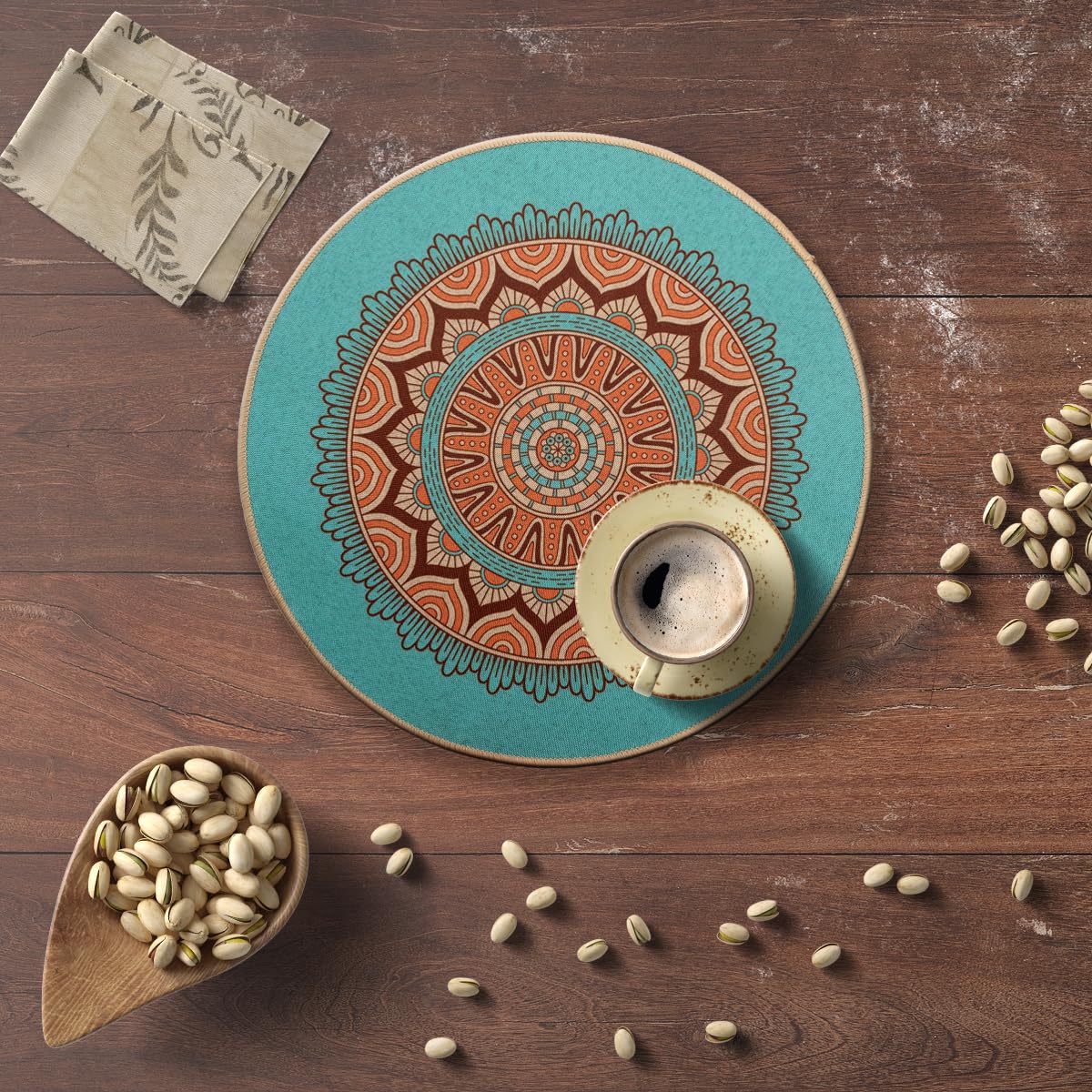 PIGCHCY Round Boho Placemats Set of 6, Rubber Heat Resistant Tabel Mats, Waterproof Washable Placemat for Dining Table Decoration (Teal)