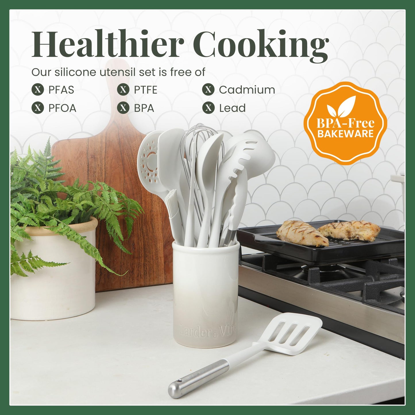 French Grey 12-Piece Silicone Cooking Utensils Set | Silicone Utensils with Stainless Steel Handle and Ceramic Holder | Kitchen Utensils Set | Dishwasher Safe Set of Kitchen Essentials | French Gray