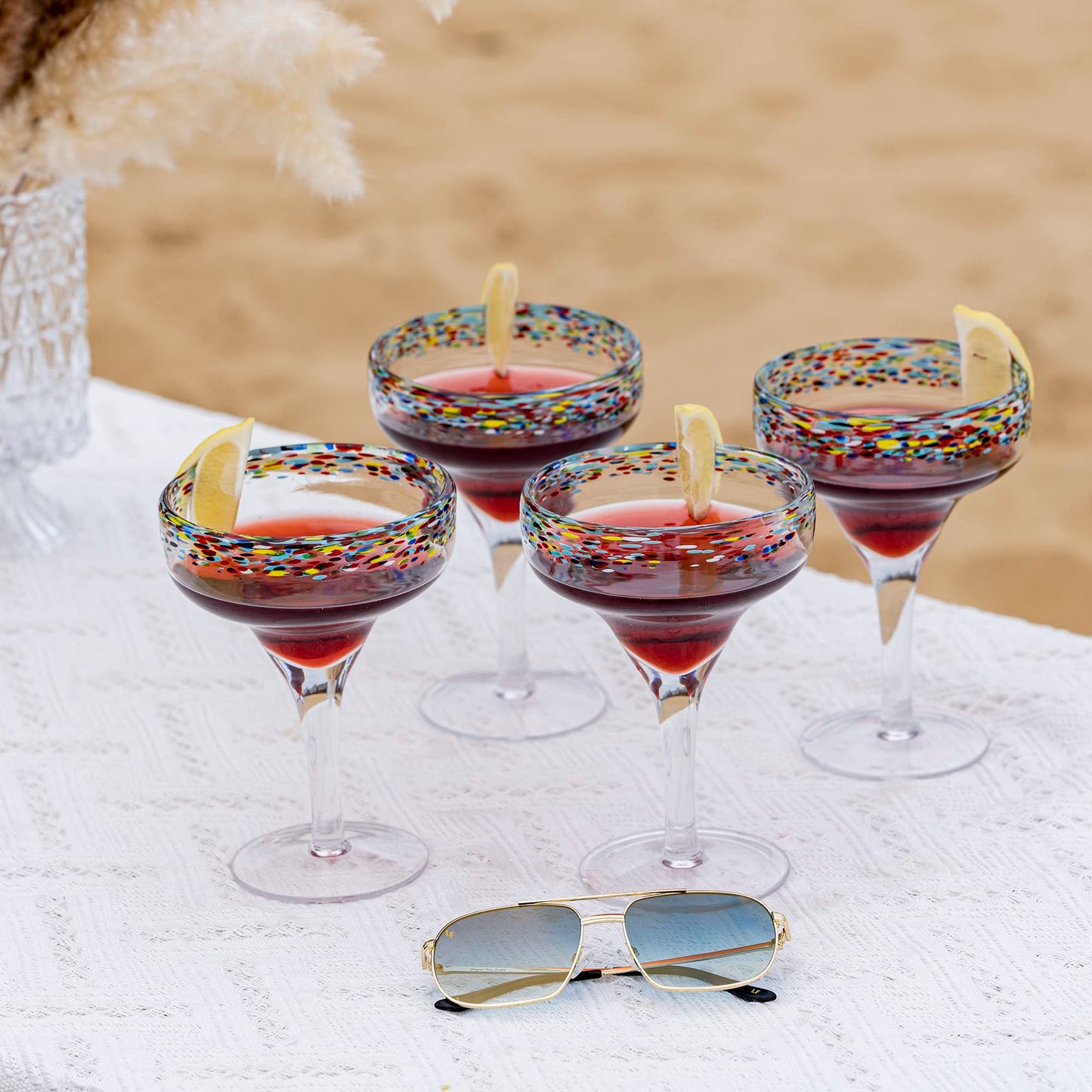 Margarita Glasses – Set of 4 - Luxury Hand Blown Confetti Margaritas, Cocktails, Water, Wine, Dessert, Martini & Champagne Cinco de Mayo, Hand Blown - Mexican Confetti Design Glass, Party, Home & Bar