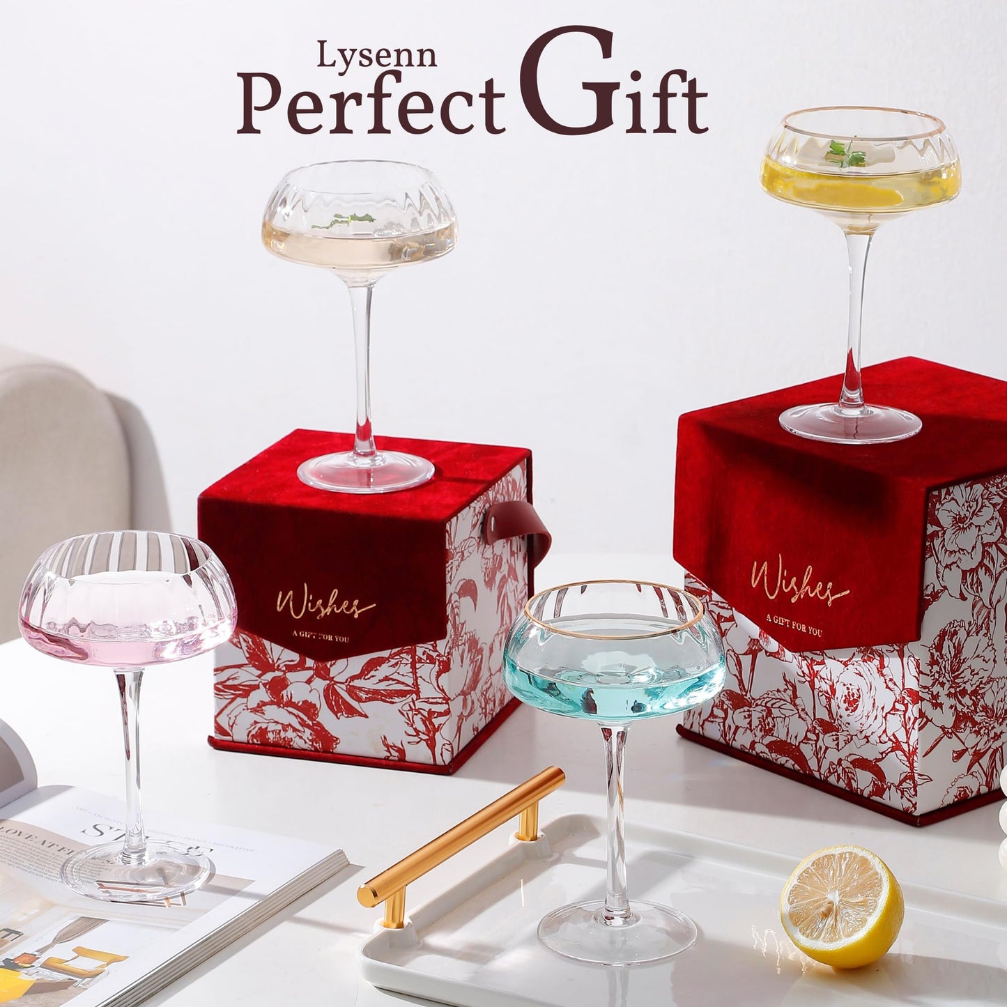 Lysenn Coupe Glasses Set of 4 - Premium Hand Blown Martini Glasses - Perfect for Cocktail and Champagne – 8.45 oz, Gold Rim