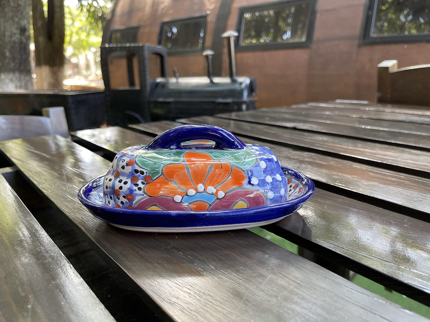 MEXTEQUIL - Butter Dish Ceramic Talavera with Lid Hand Painted Authentic Mexican Pottery Kitchen Floral Design (Blue)