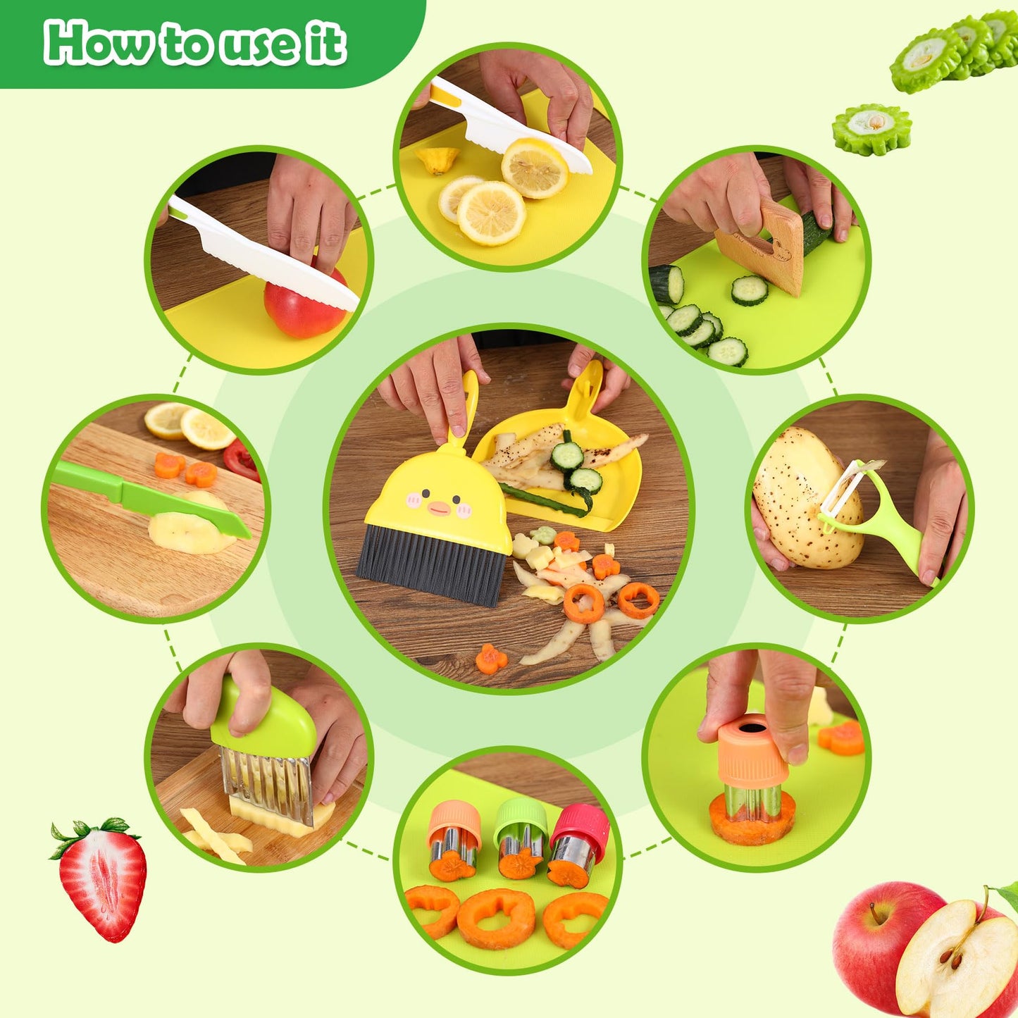 14-Piece Montessori Kids Knife Set for Real Cooking - Safe Plastic and Wooden Kitchen Tool Gift for Toddler Ages 2-9 | Learning Toy with Crinkle / Sandwich Cutter & Cutting Board, Birthday