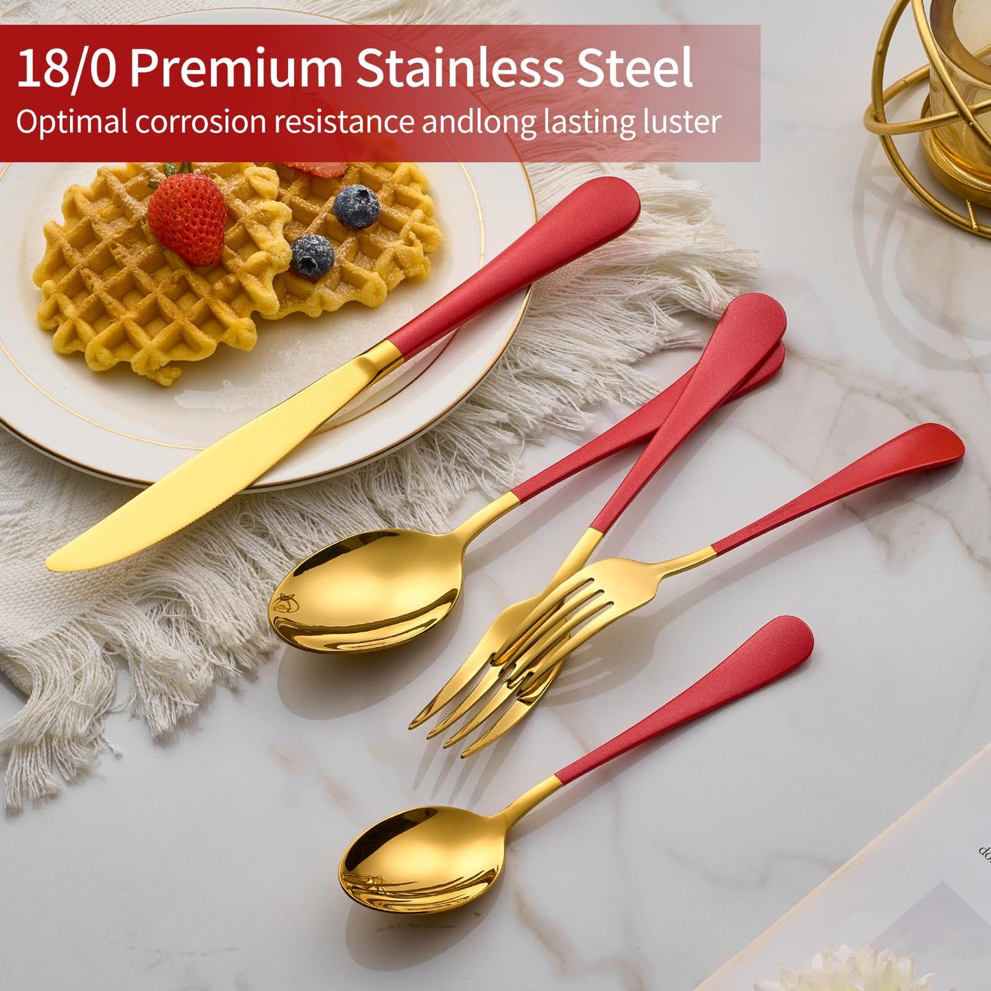 Red and Gold 20-Piece Silverware Set 18/0 Stainless Steel Flatware Red Handle Cutlery Set Service for 4 Dinner Knives Forks Spoons Set Mirror Finish Dishwasher Safe