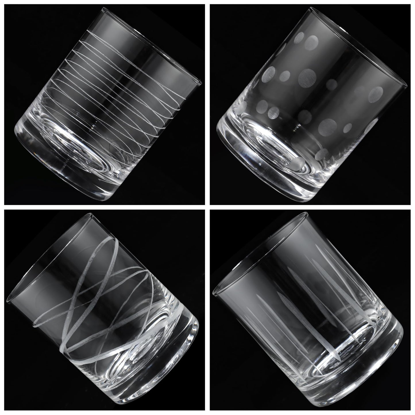 Joeyan Hand Blown Etched Whiskey Glasses,Old Fashioned Tumblers with Stripes Dots Pattern,Clear Carved Rocks Glasses,Scotch Bourbon Glassware for Party Anniversary,13.5 oz,Set of 4,Dishwasher Safe