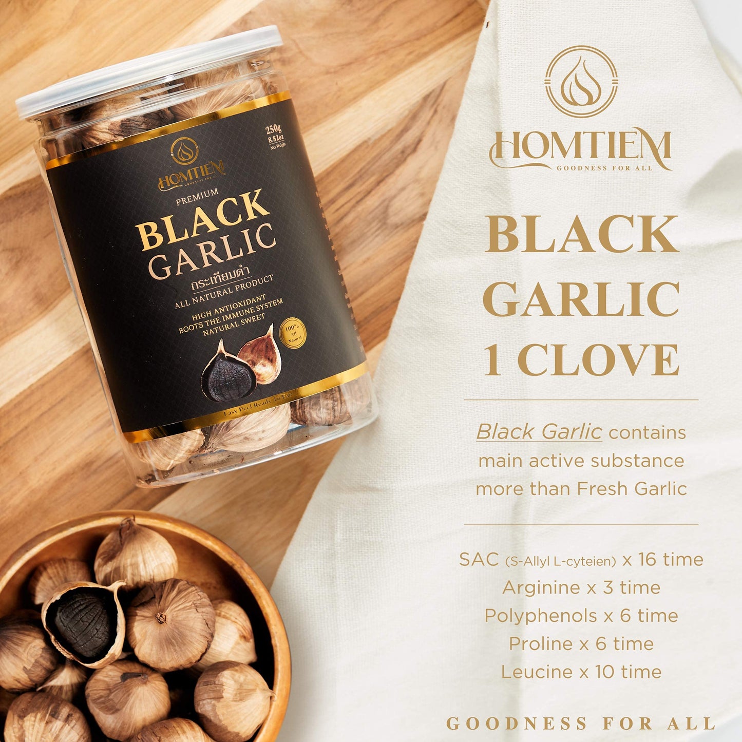 Homtiem Black Garlic 8.82 Oz. (250g.), Whole Black Garlic Fermented for 90 Days, Super Foods, Non-GMOs, Non-Additives, High in Antioxidants, Ready to Eat for Snack Healthy, Healthy Recipes