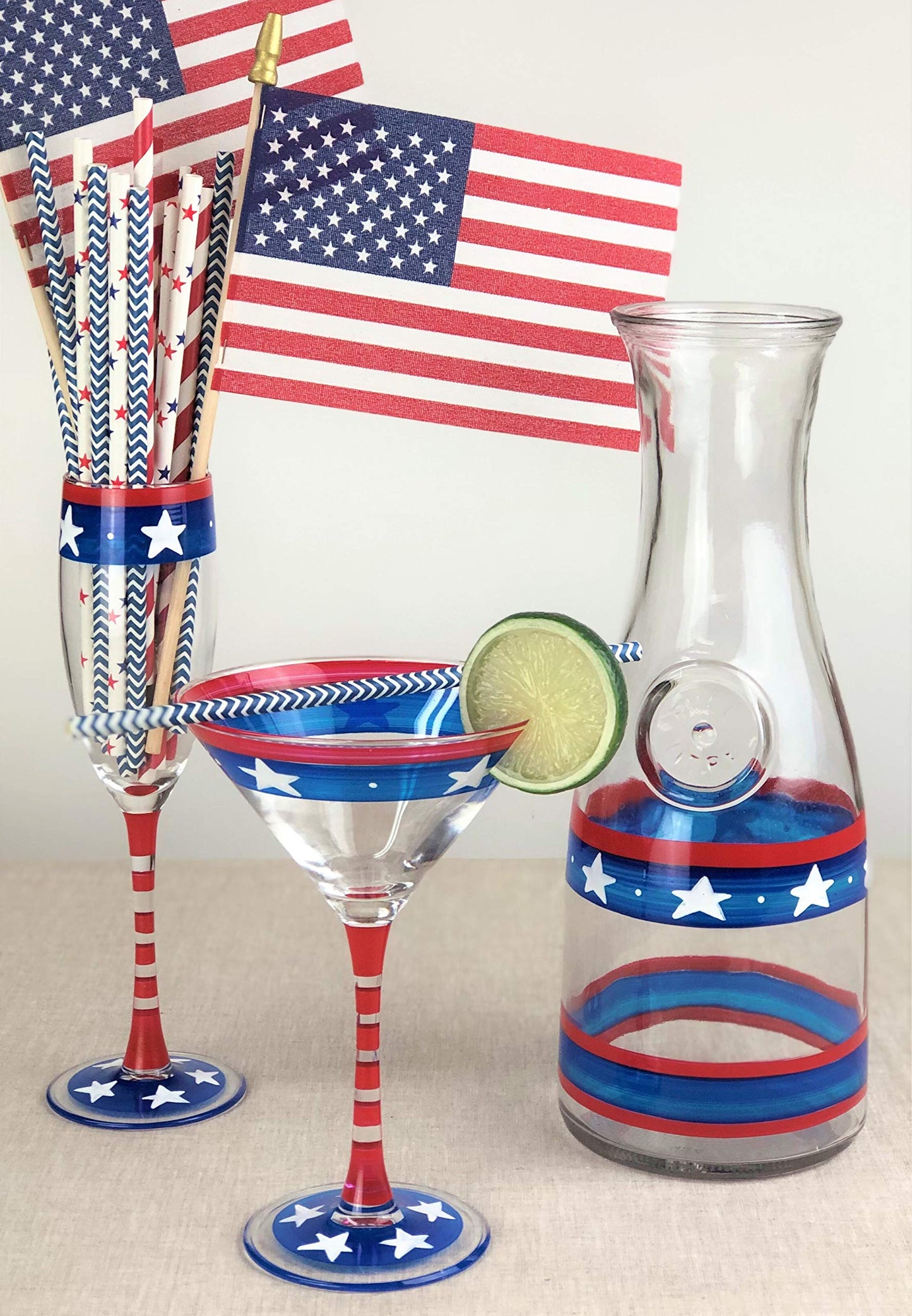 Golden Hill Studio Hand Painted Martini Glasses Set of 2 - Patriotic Collection - Hand Painted Glassware by USA Artists - Unique and Decorative Martini Glasses, July 4th Kitchen Table Décor