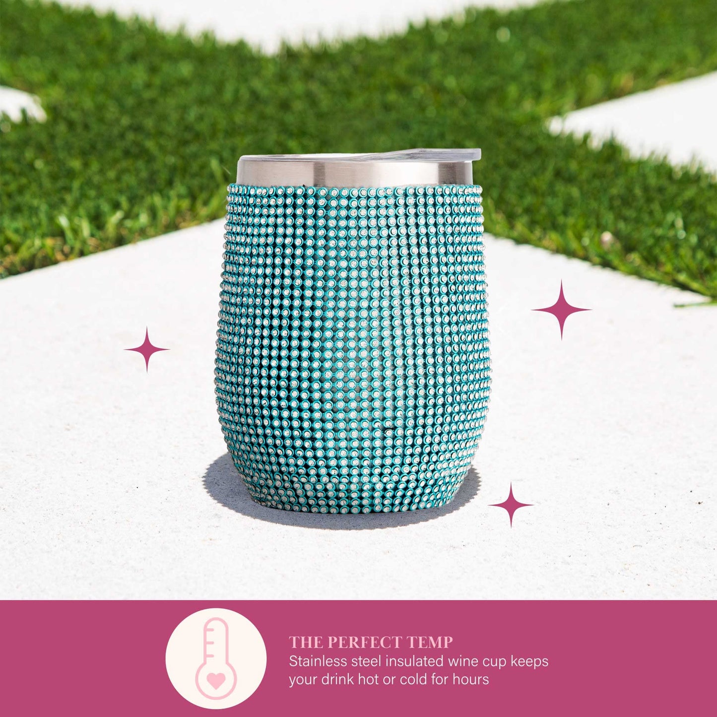 Paris Hilton Diamond Bling Wine Tumbler, Vacuum Insulated Stainless Steel with Easy Sip Lid, Bedazzled with Over 2500 Rhinestones, 12-Ounce, Blue