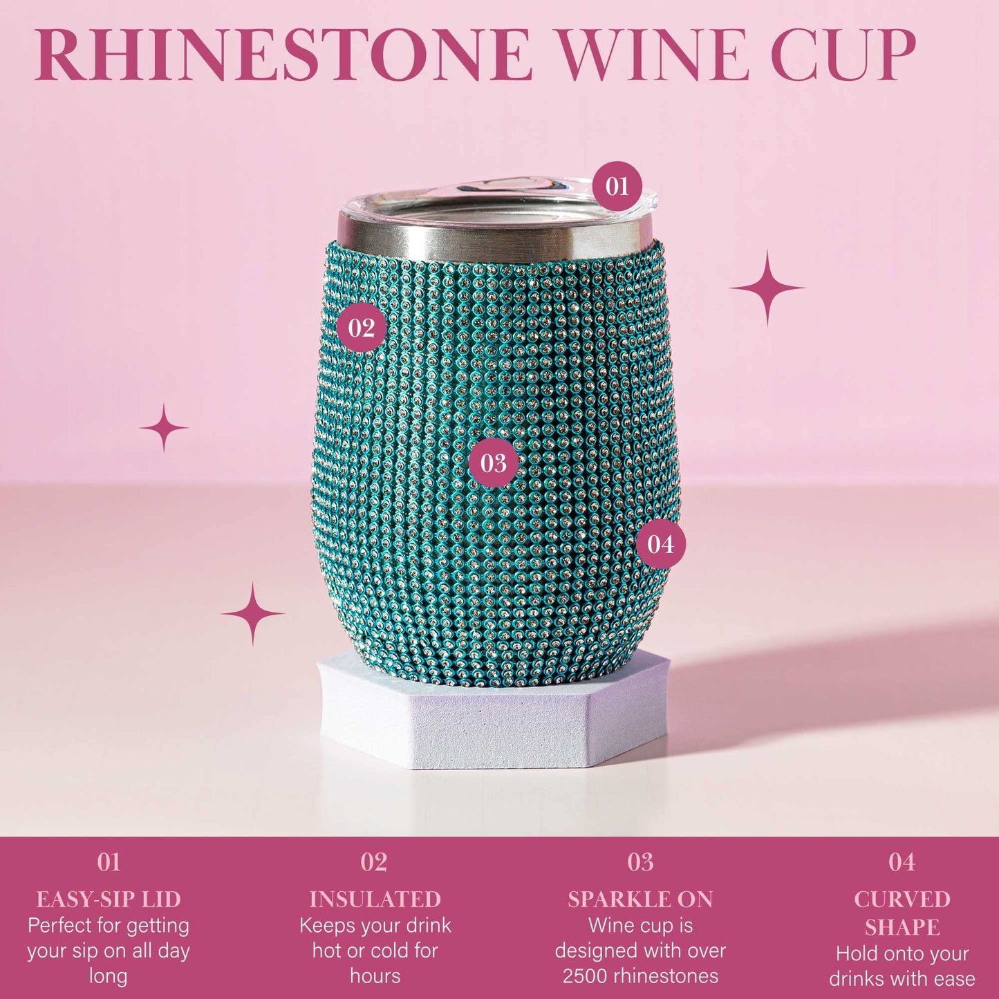 Paris Hilton Diamond Bling Wine Tumbler, Vacuum Insulated Stainless Steel with Easy Sip Lid, Bedazzled with Over 2500 Rhinestones, 12-Ounce, Blue