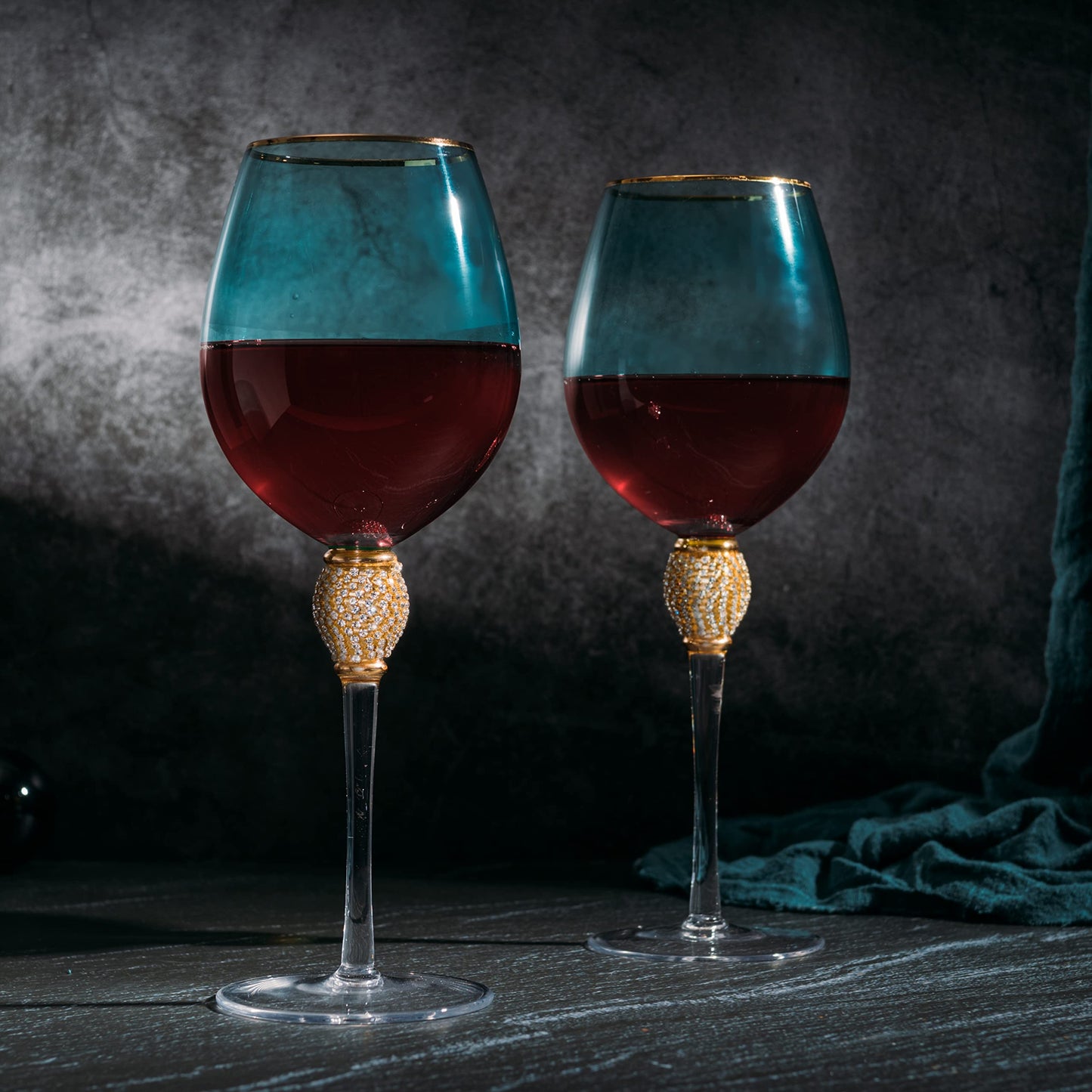 Large Blue Diamond Wine Glasses, Winter & Weddings, 10" H Gold Rim Rhinestone DIAMOND Studded Glasses - Wedding Glasses - 18oz, Premium Bling Designed Glassware, Crystal Long Stem Glass