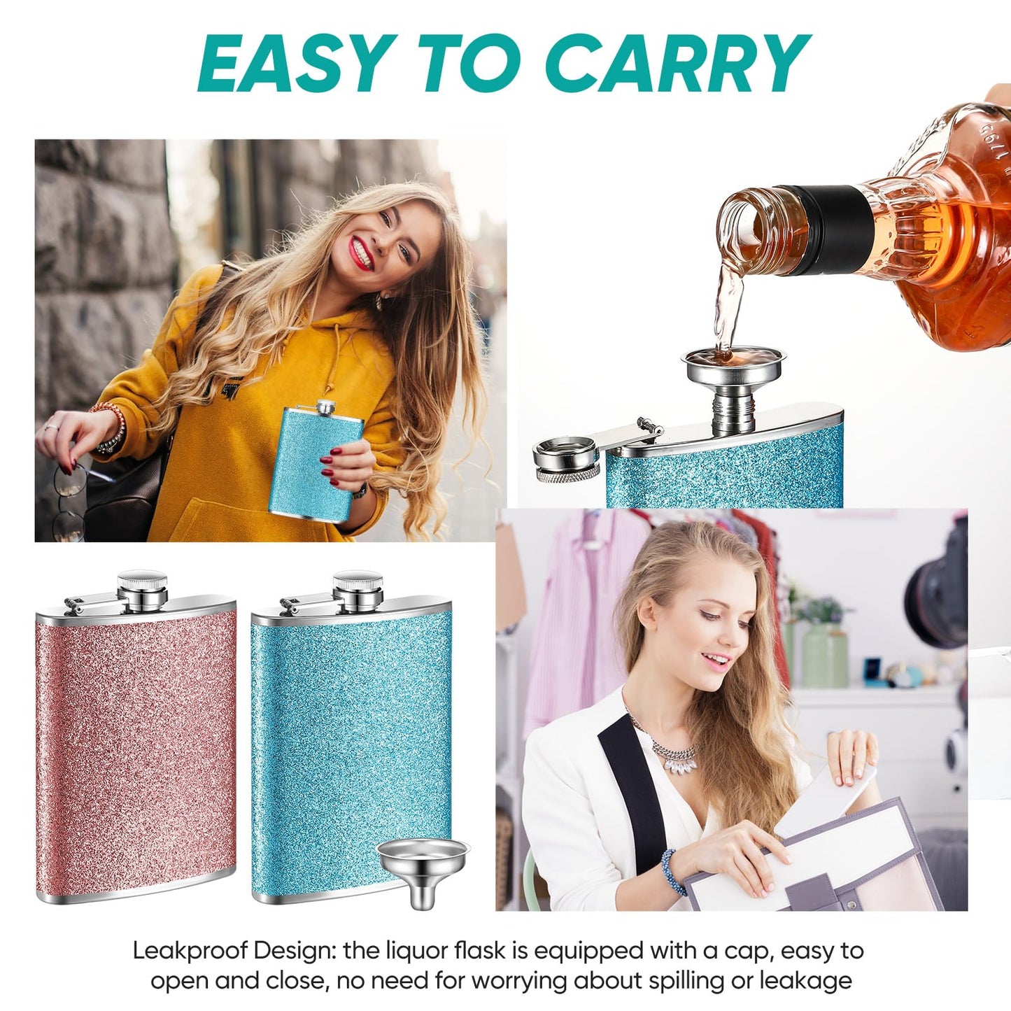 Meanplan 2 Pack 8 oz Glitter Bling Flask for Liquor for Women Cute Flask with Funnel Leakproof Stainless Steel Flask Whiskey Pocket Flask for Christmas Alcohol Drink Wine Wedding Party