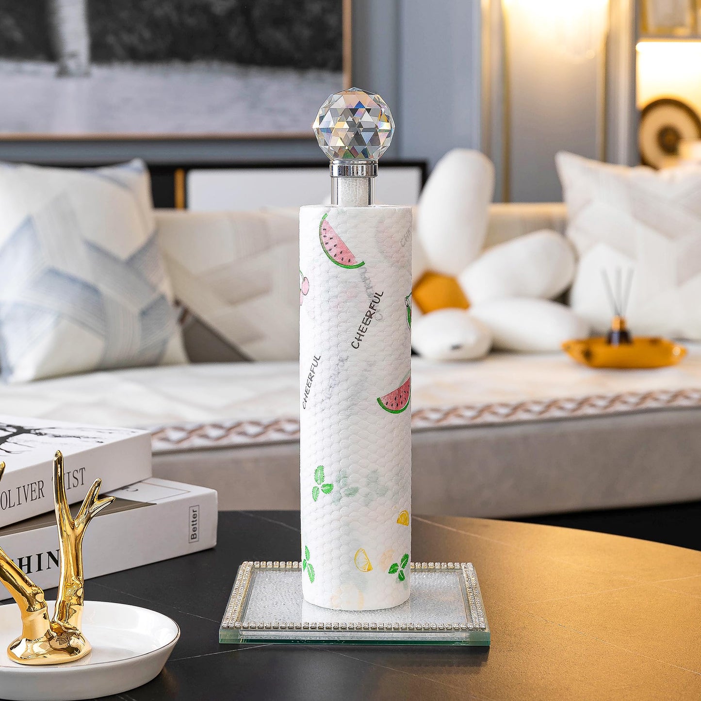 Hochance Clear Crystal Standing Paper Towel Roll Holder Countertop Weighted Rack,Glam Cute Bling Rhinestone Jeweled Diamonds Modern Decoration Christmas Housewarming Gifts for Kitchen Home Bar