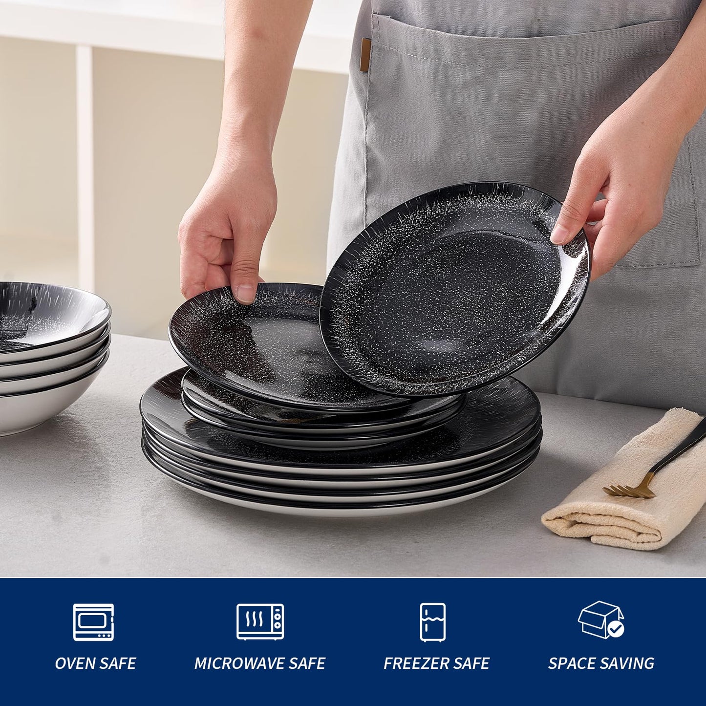Bestone Plates and Bowls Sets,12 Pieces Round Porcelain Dinnerware Sets,Dishes, Plates, Dishware Sets,Chip Resistant Ceramic Dish Set Dining Dinner Ware Service for 4,Starry Sky Black