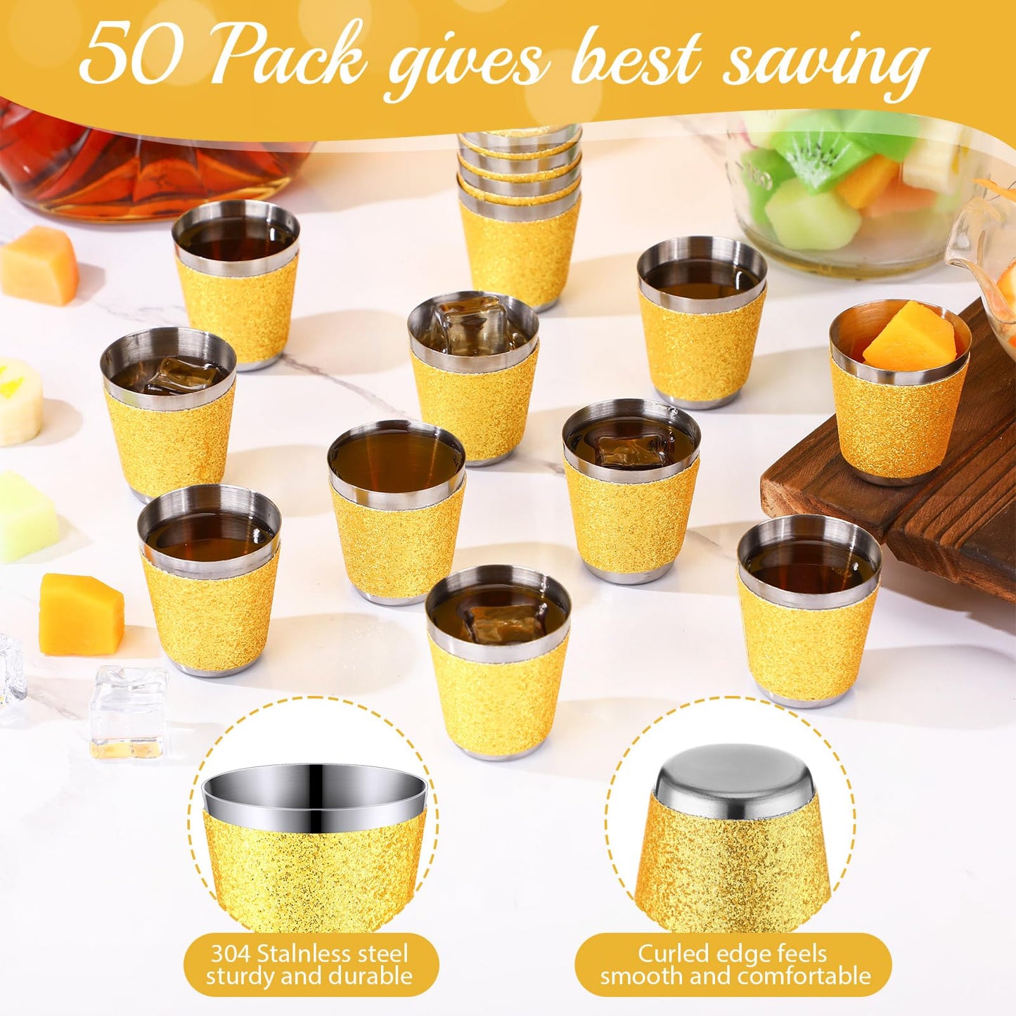 Qinyoung 50 Pcs 1 oz Stainless Steel Shot Glasses Bling Wine Glitter Metal Shot Glasses Bachelorette Wedding Valentine's Party Supplies for Espresso Whiskey Bar(Golden)