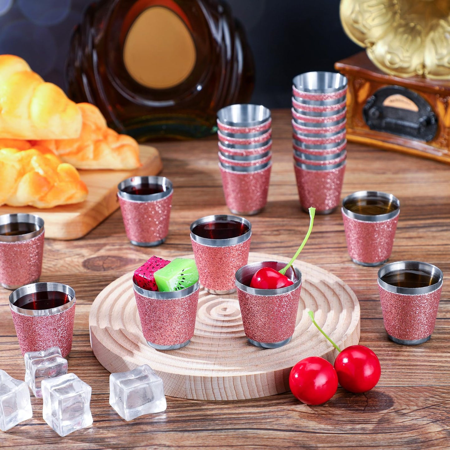 Qinyoung 50 Pcs 1 oz Stainless Steel Shot Glasses Bling Wine Glitter Metal Shot Glasses Bachelorette Wedding Valentine's Party Supplies for Espresso Whiskey Bar(Pink)