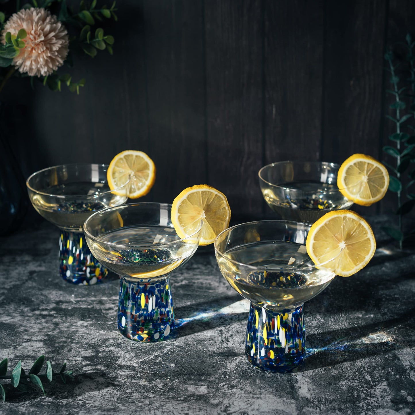 Margarita Glasses – Set of 4 - Luxury Hand Blown Confetti Margaritas, Cocktails, Water, Wine, Dessert, Martini & Champagne Cinco de Mayo, Hand Blown - Mexican Confetti Design Glass, Party, Home & Bar