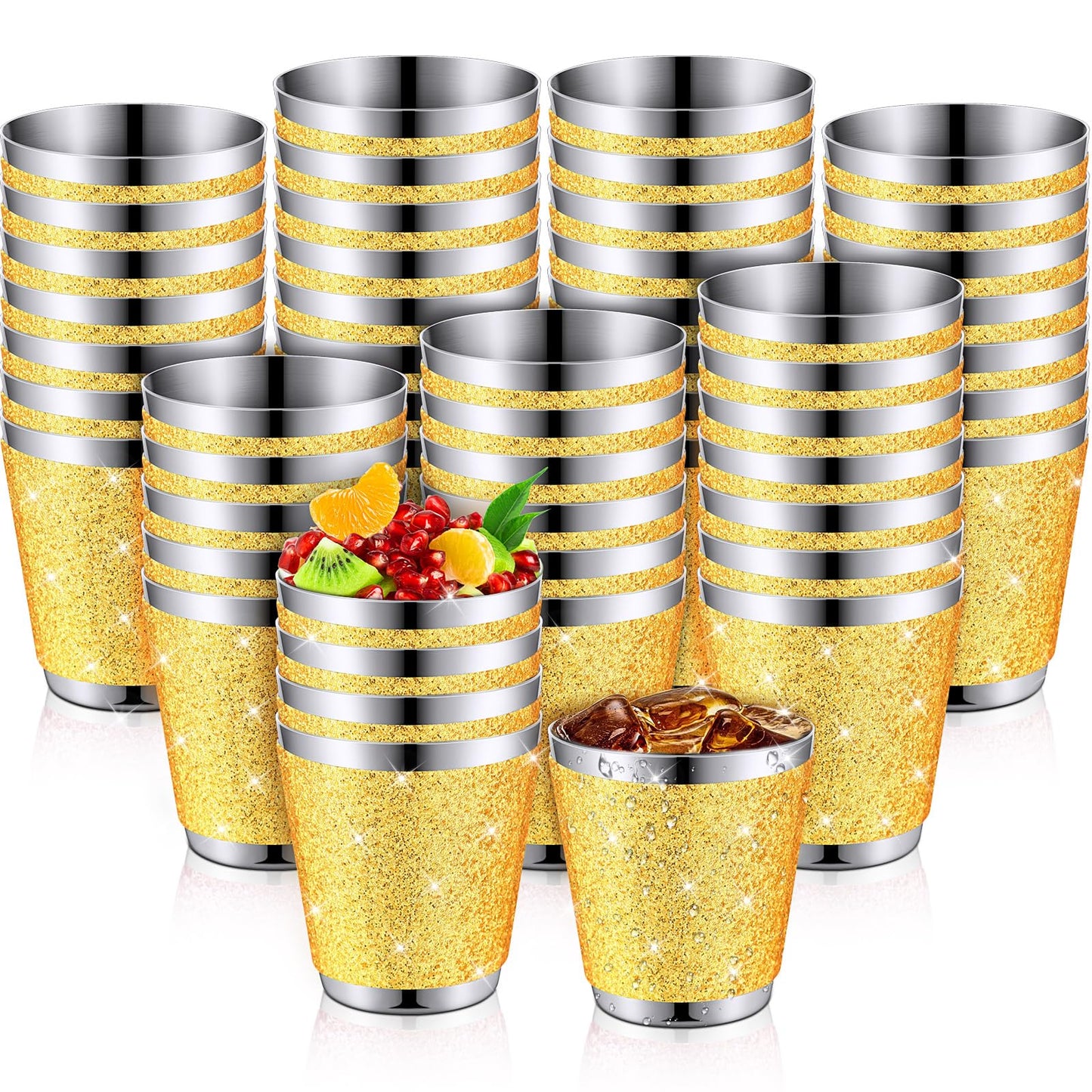 Qinyoung 50 Pcs 1 oz Stainless Steel Shot Glasses Bling Wine Glitter Metal Shot Glasses Bachelorette Wedding Valentine's Party Supplies for Espresso Whiskey Bar(Golden)