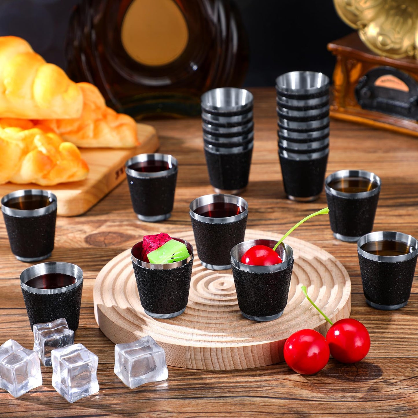 Qinyoung 50 Pcs 1 oz Stainless Steel Shot Glasses Bling Wine Glitter Metal Shot Glasses Bachelorette Wedding Valentine's Party Supplies for Espresso Whiskey Bar(Black)