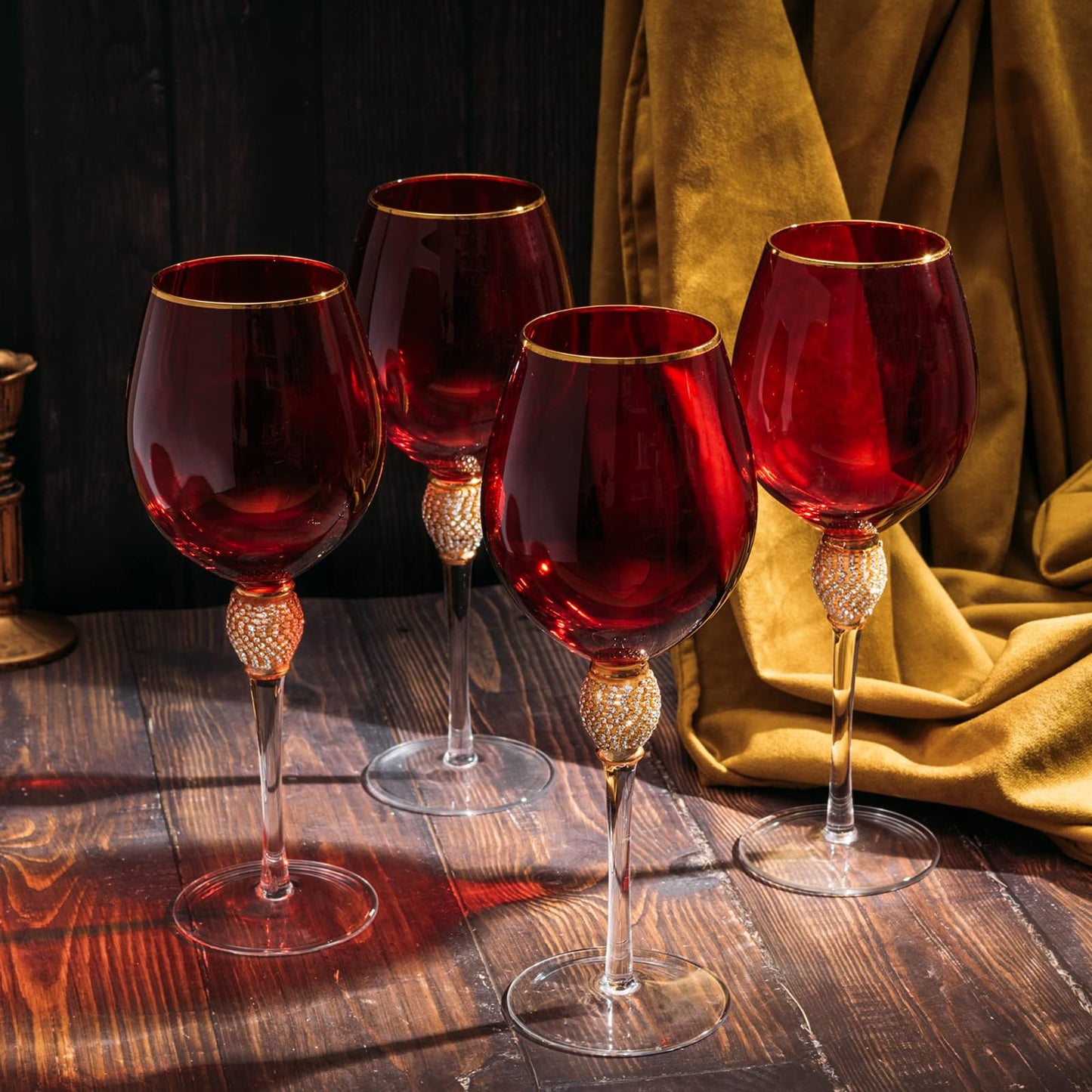 Large Red Diamond Wine Glasses, Christmas, Holiday, & Weddings, 10" H Gold Rim Rhinestone DIAMOND Studded Glasses - Wedding Glasses - 18oz, Premium Bling Designed Glassware, Crystal Long Stem Glass