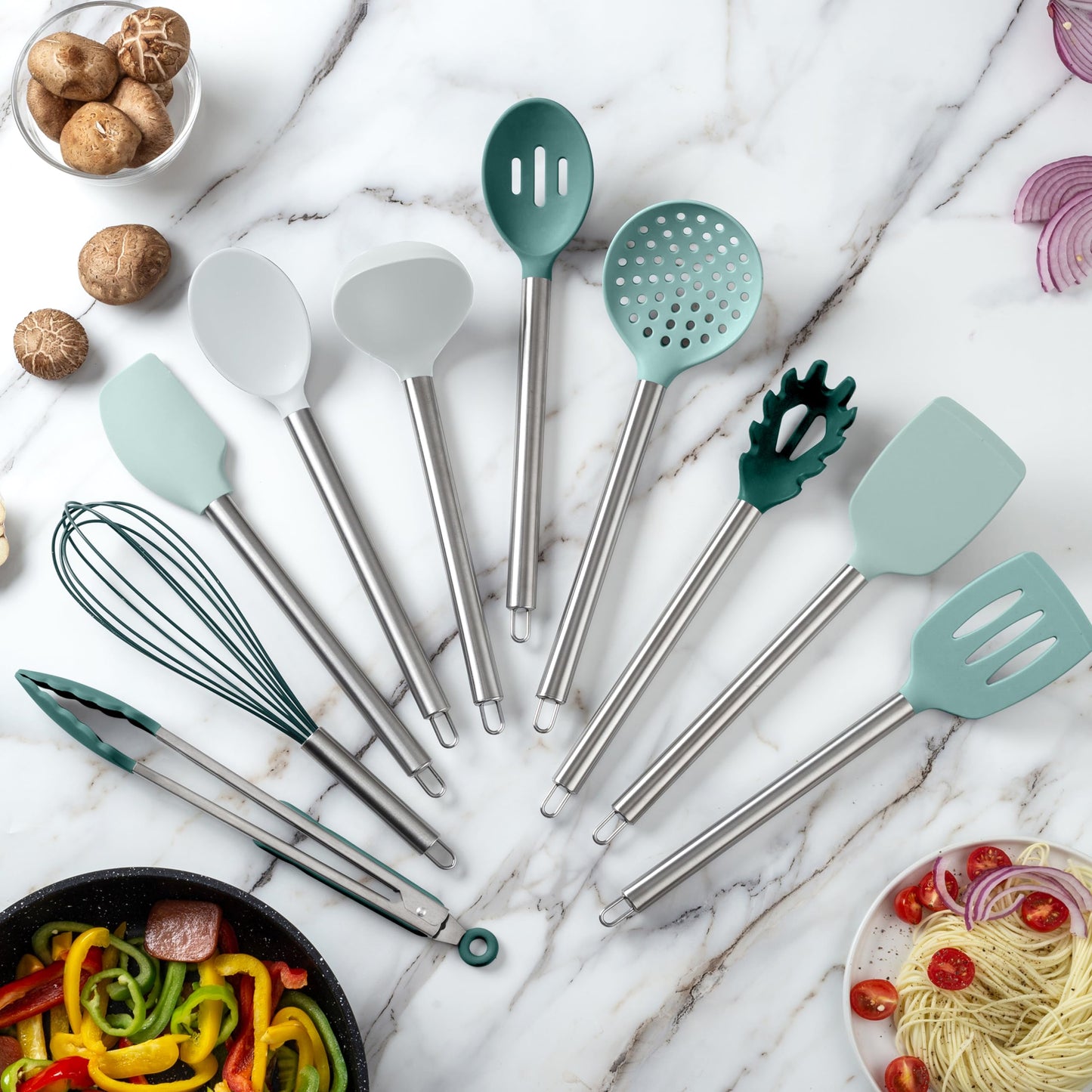 Teal COOK WITH COLOR Silicone Cooking Utensils, Kitchen Utensil Set, Easy to Clean Silicone Kitchen Utensils, Cooking Utensils for Nonstick Cookware, Kitchen Gadgets Set, 10 Pieces, Teal