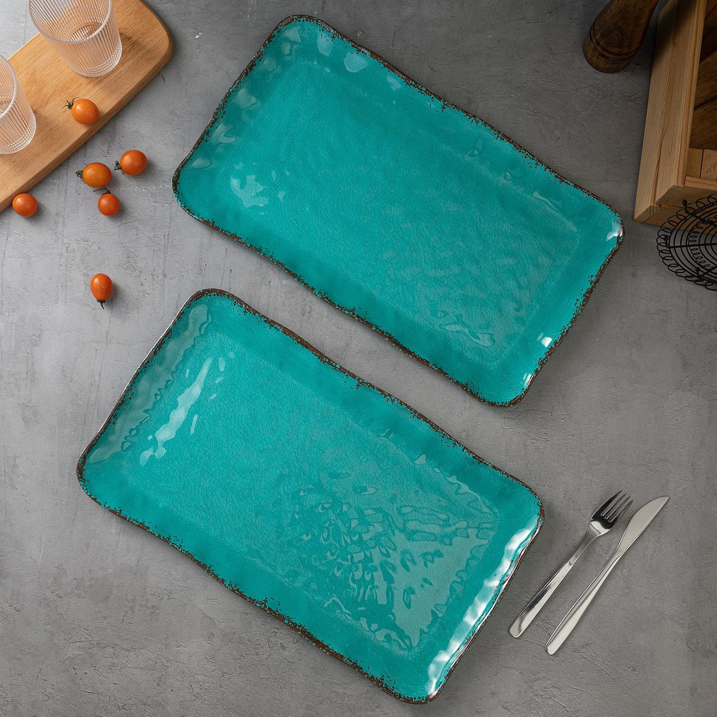 Teal Vintage Trim Melamine Serving Tray Set, Rectangular Large Serving Trays/Platters Set for Serving Food, BPA Free Food Serving Platters and Trays, Set of 2, 17.5"x 10", Teal