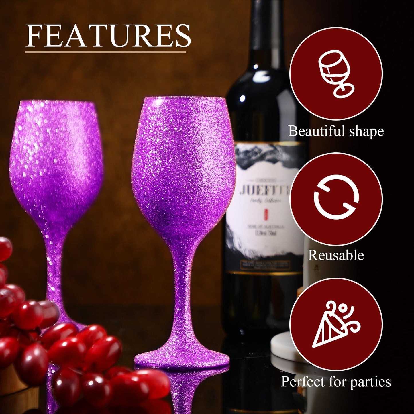 Singhoow Christmas Wine Glasses Set of 12, Glitter Long Stem Wine Glasses 13.5 oz Glitter Glass Wine Cups for Wedding, Anniversary and Home(Fuchsia)