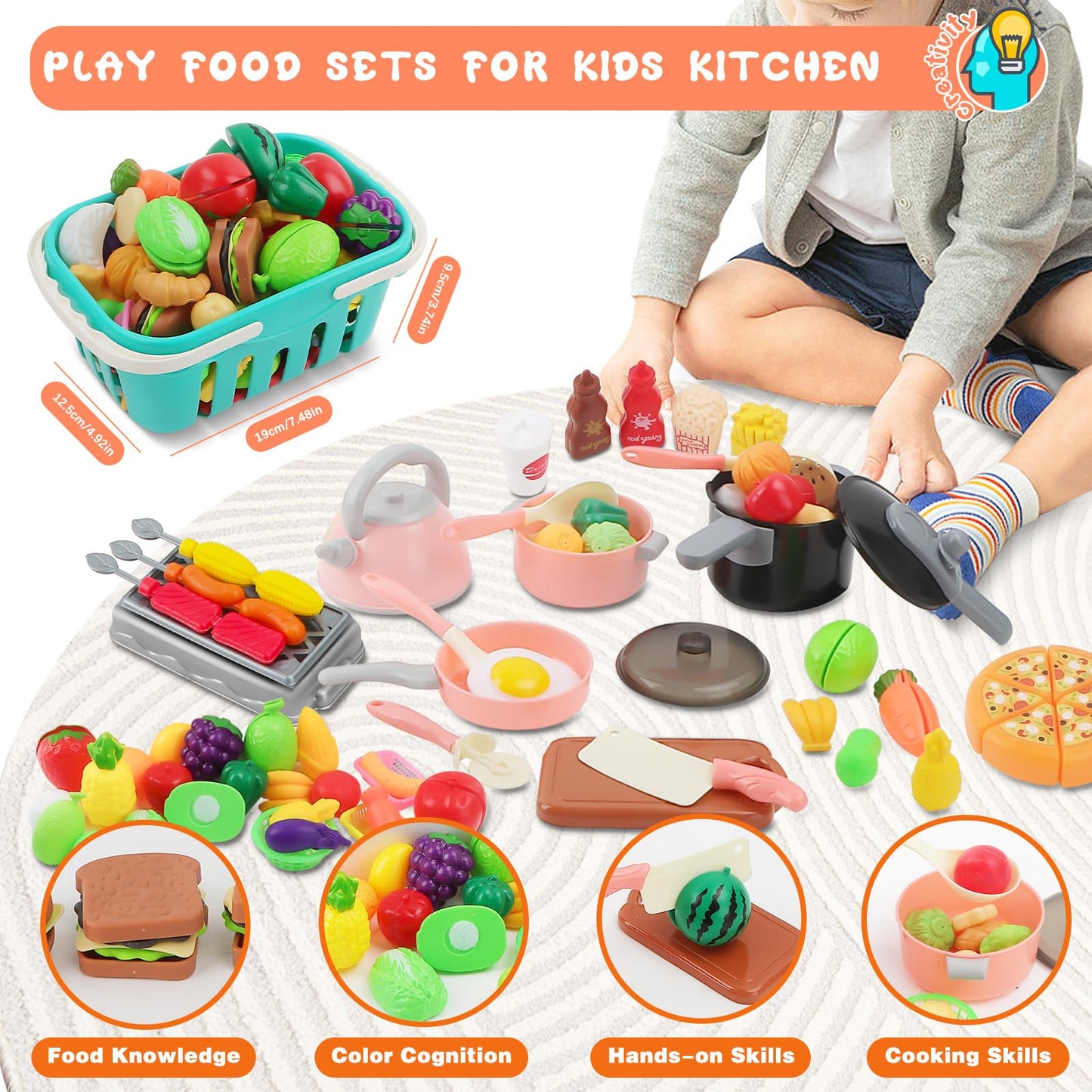 Yotino 108-Piece Play Kitchen Accessories Toddler Play Kitchen Set Play Food Set with Pots and Pans Daily Food Fruit Veges,Kitchen Accessories Fake Food for Boys Girls (Pink)