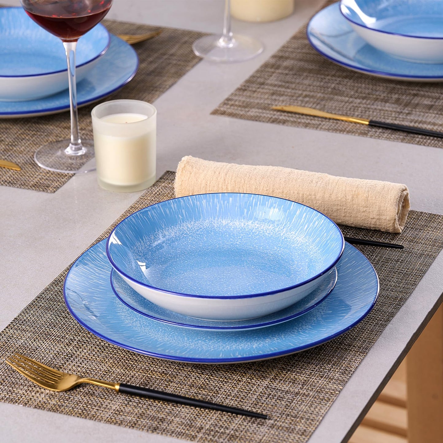 Bestone Plates and Bowls Sets,12 Pieces Round Porcelain Dinnerware Sets,Dishes, Plates, Dishware Sets,Chip Resistant Ceramic Dish Set Dining Dinner Ware Service for 4,New Blue