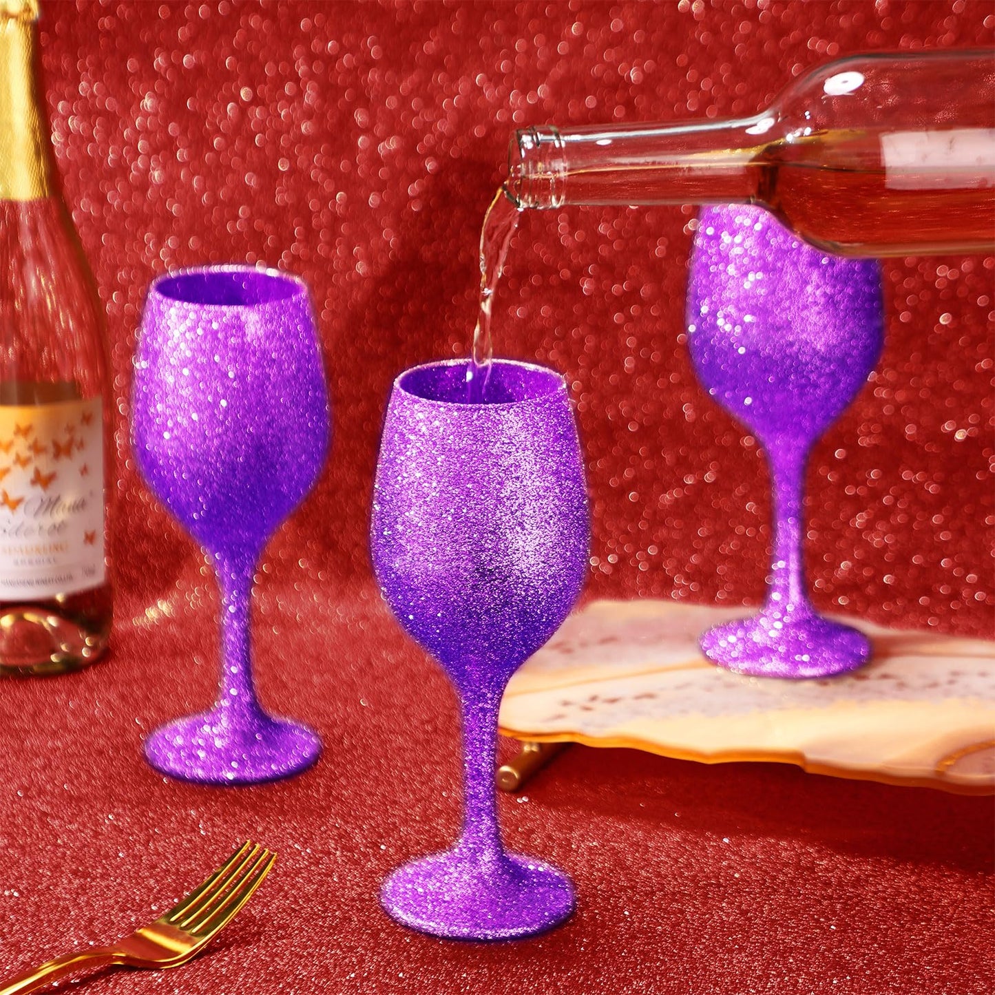 Singhoow Christmas Wine Glasses Set of 12, Glitter Long Stem Wine Glasses 13.5 oz Glitter Glass Wine Cups for Wedding, Anniversary and Home(Fuchsia)