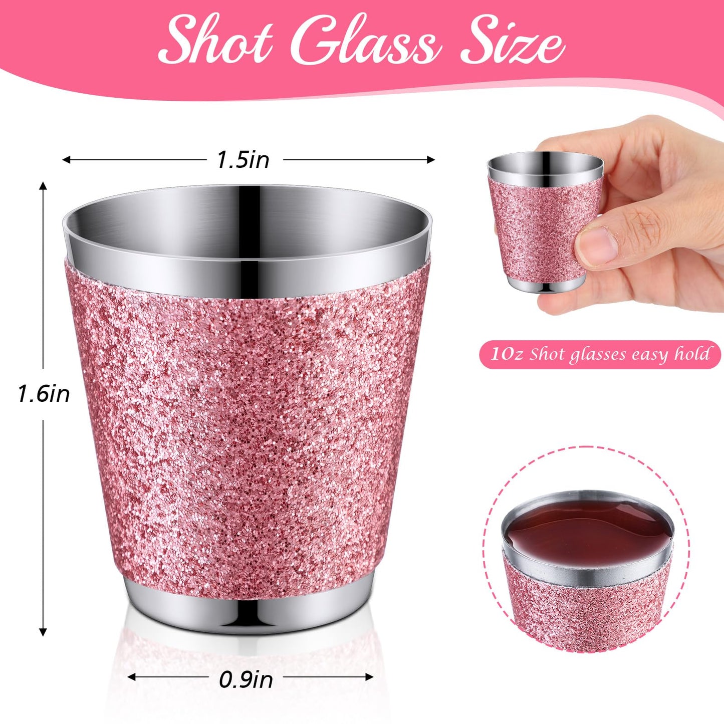 Qinyoung 50 Pcs 1 oz Stainless Steel Shot Glasses Bling Wine Glitter Metal Shot Glasses Bachelorette Wedding Valentine's Party Supplies for Espresso Whiskey Bar(Pink)