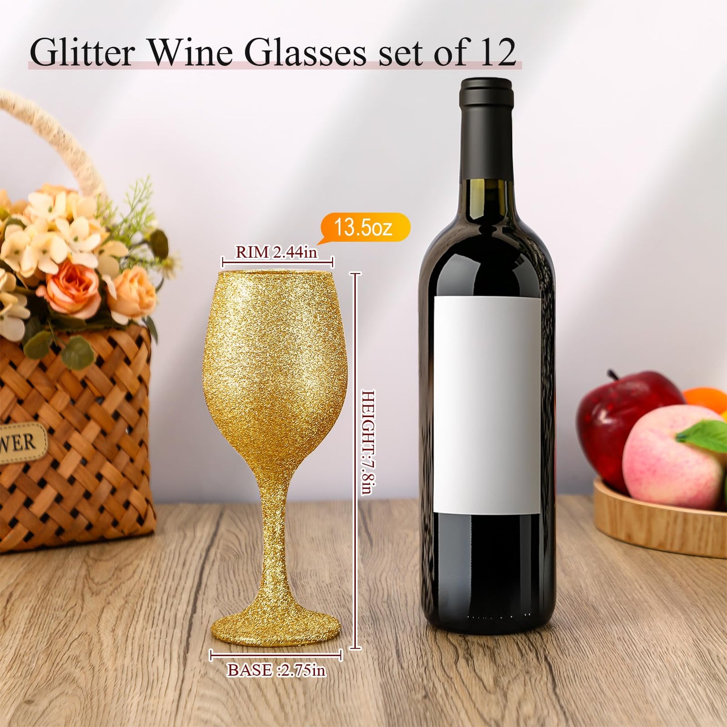Singhoow Christmas Wine Glasses Set of 12, Glitter Long Stem Wine Glasses 13.5 oz Glitter Glass Wine Cups for Wedding, Anniversary and Home(Gold)