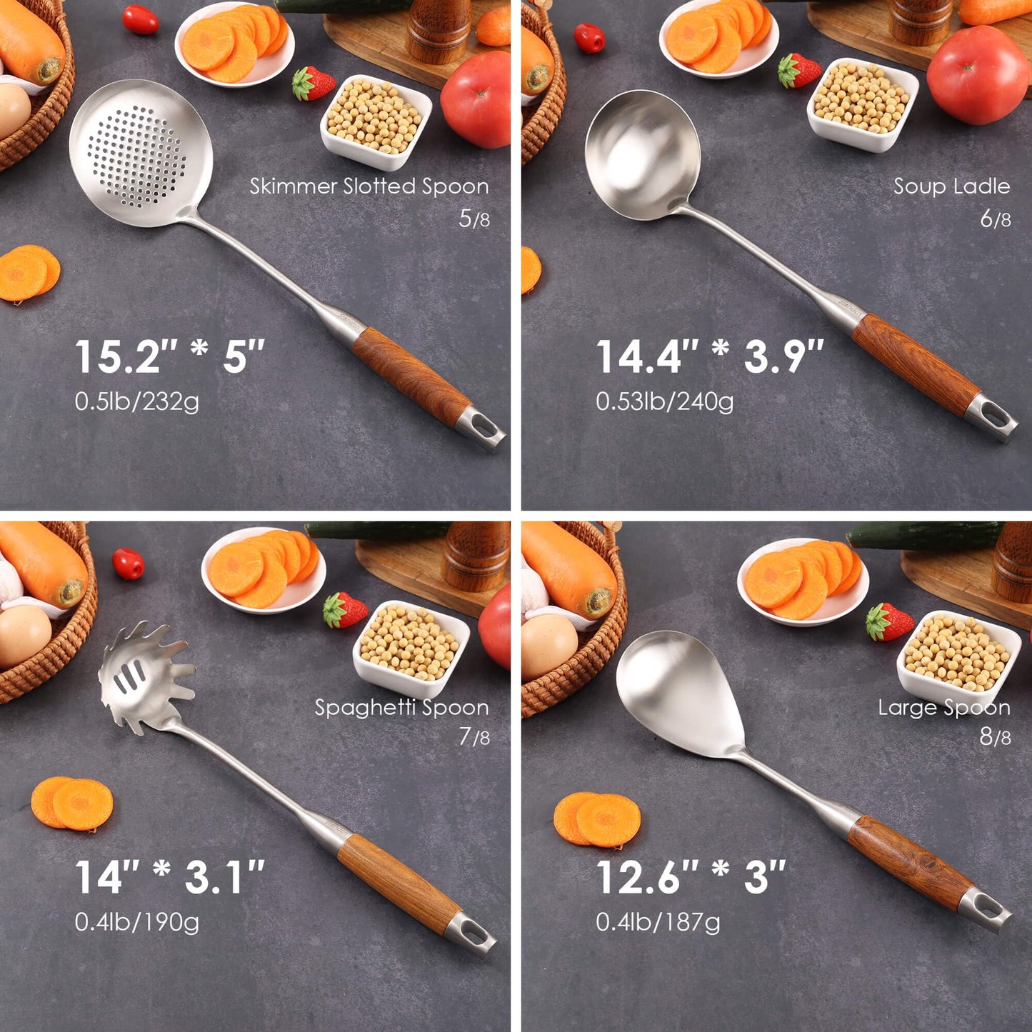 18/10 Stainless Steel Kitchen Utensils Set with Wood Handle - 15” Metal Cooking Tools and Serving Utensil, 8-Pieces Cooking Spoons Set - Spatula, Ladle, Skimmer, Turner, Pasta, Solid Spoon, Slotted Spoon