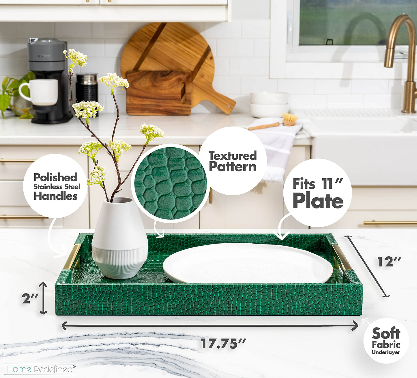 Luxury Modern Elegant 18"x12" Rectangle Crocodile Green Faux Leather Decorative Tray Ottoman Coffee Table Living Room Decor Kitchen Serving Tray with Gold Polished Metal Handles by Home Redefined
