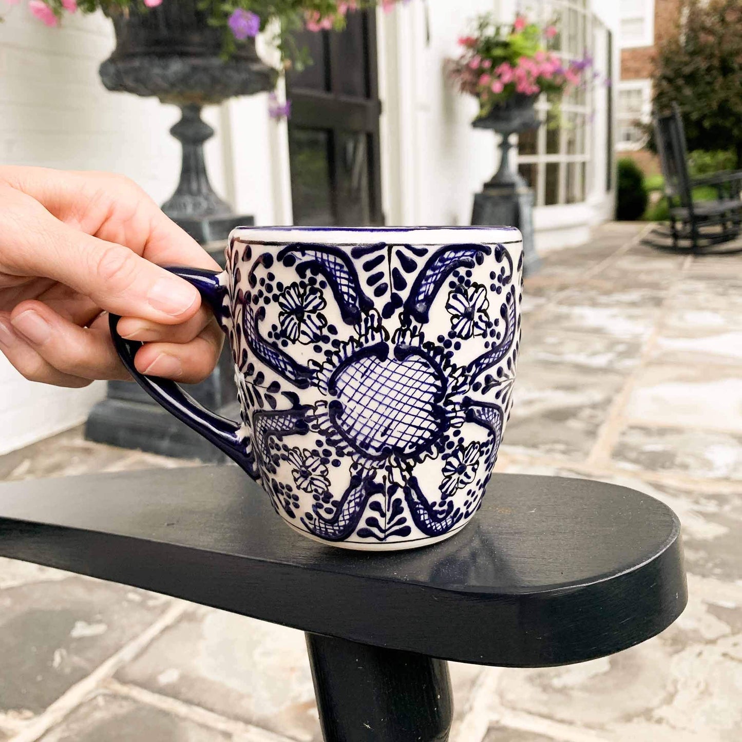 Global Crafts Encantada Handmade Hand-Painted Authentic Mexican Pottery Mugs (Cobalt Blue Flower X2)
