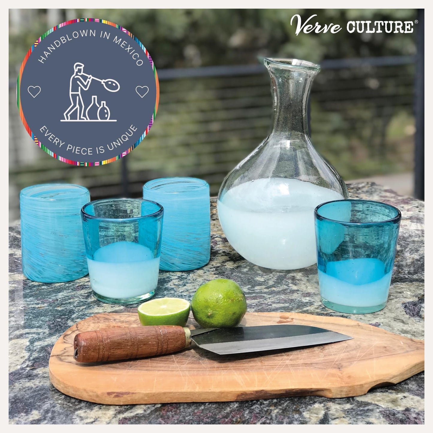 Verve CULTURE Hand Blown Drinking Glasses Set of 4 Aqua Water Glasses | Authentic Mexican Glassware | 13 oz Capacity
