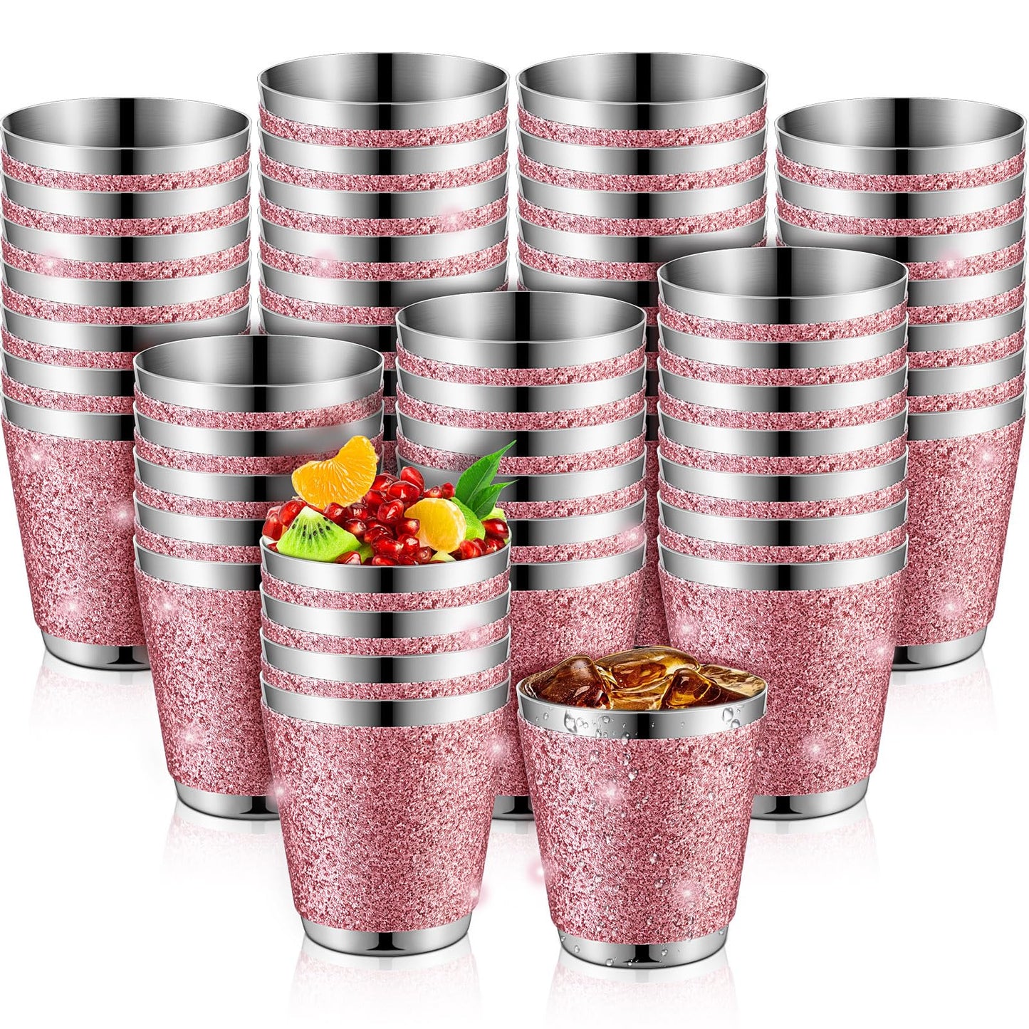 Qinyoung 50 Pcs 1 oz Stainless Steel Shot Glasses Bling Wine Glitter Metal Shot Glasses Bachelorette Wedding Valentine's Party Supplies for Espresso Whiskey Bar(Pink)