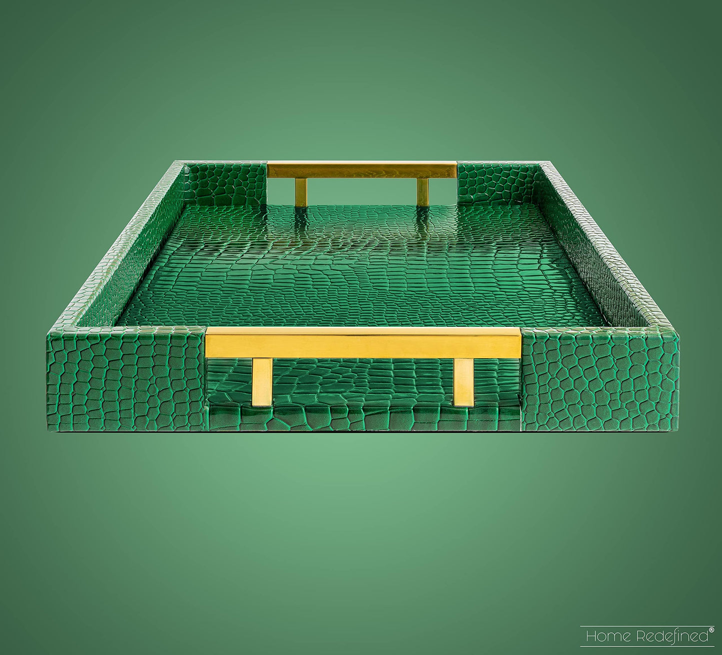 Luxury Modern Elegant 18"x12" Rectangle Crocodile Green Faux Leather Decorative Tray Ottoman Coffee Table Living Room Decor Kitchen Serving Tray with Gold Polished Metal Handles by Home Redefined
