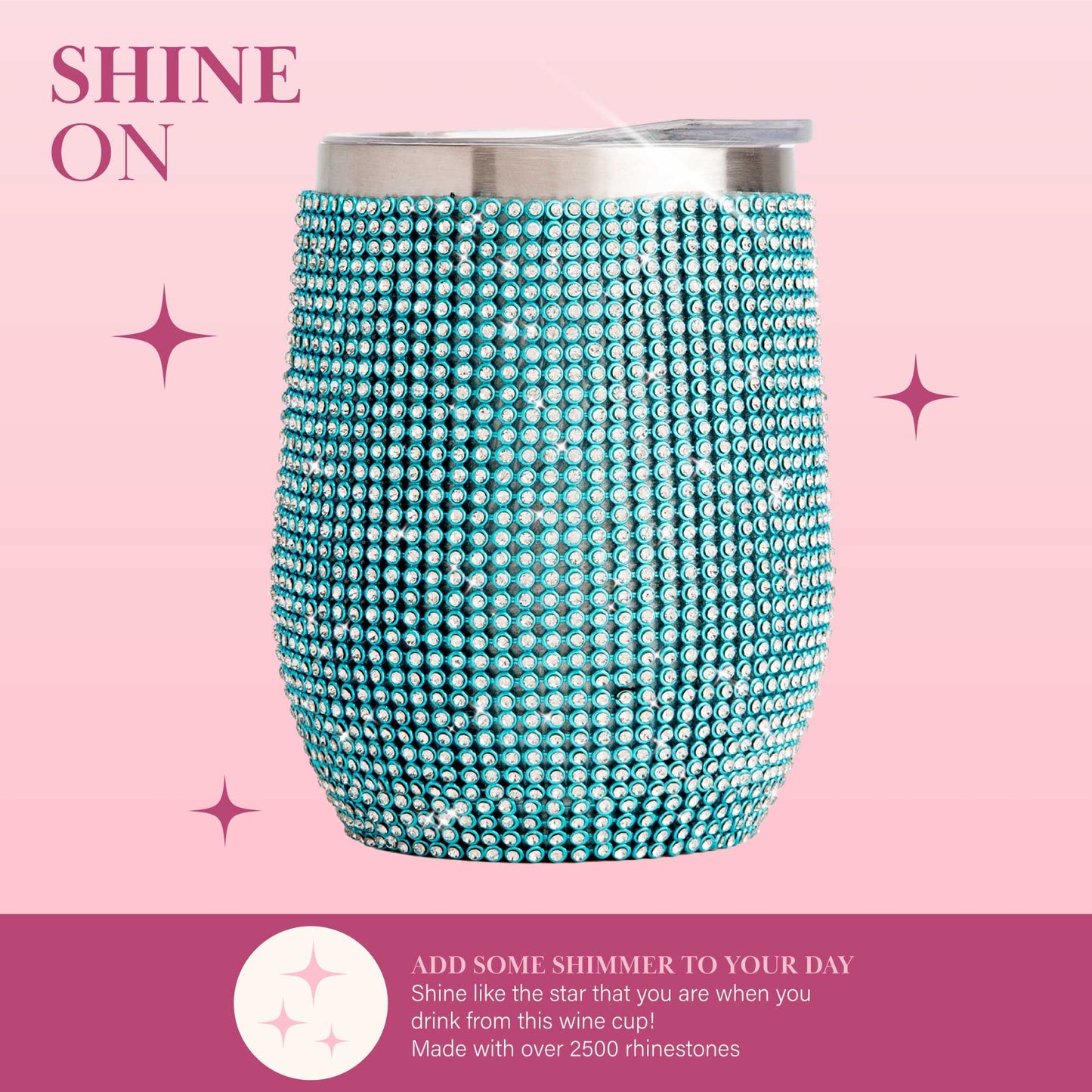 Paris Hilton Diamond Bling Wine Tumbler, Vacuum Insulated Stainless Steel with Easy Sip Lid, Bedazzled with Over 2500 Rhinestones, 12-Ounce, Blue