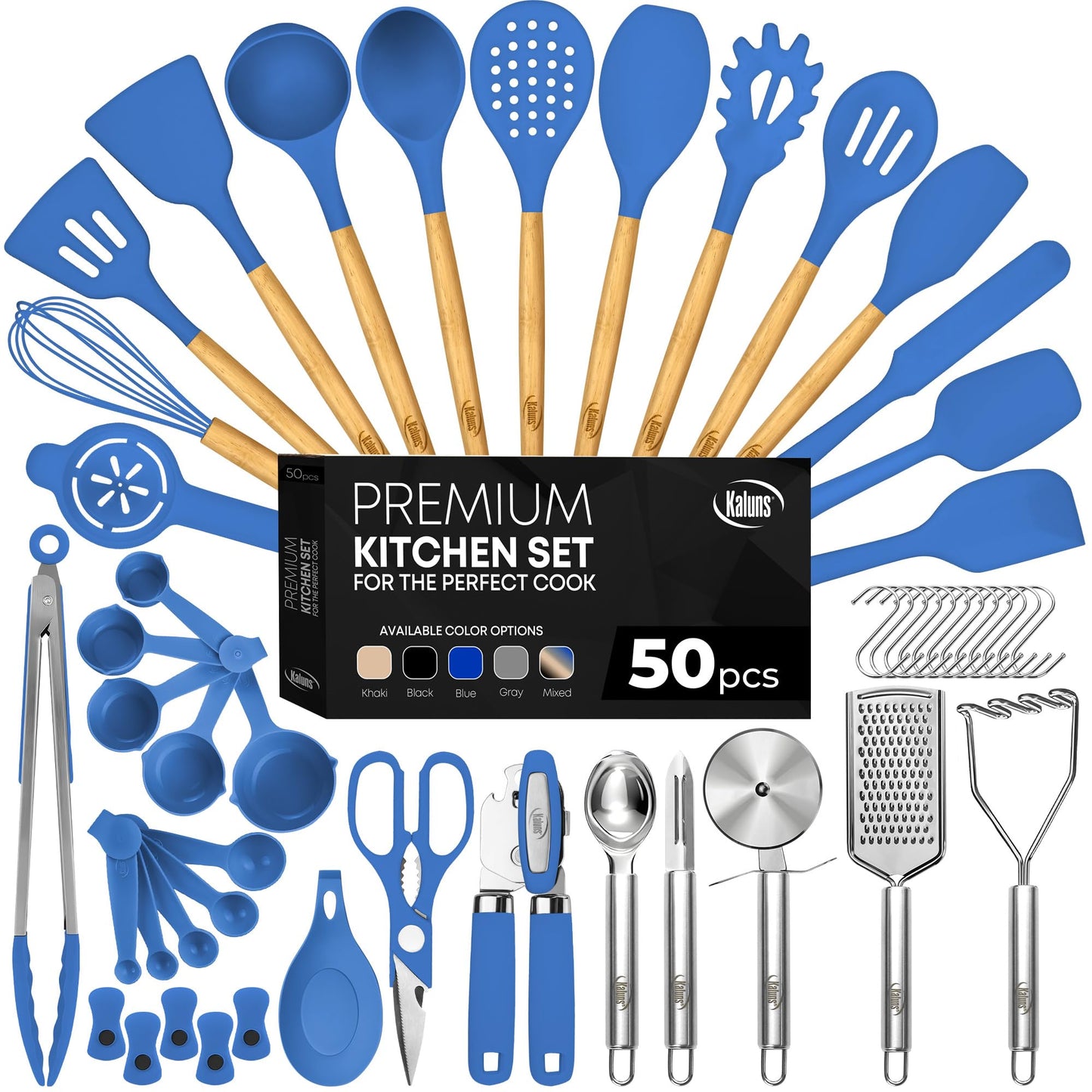 Blue 50-Piece Silicone Kitchen Utensils Set - Mothers's Day Gifts for Mom Wife Complete Kitchen Set 800°F Heat-Resistant Non-Stick Premium Silicone Cooking Utensils W Wooden Handles Gifts For Mothers