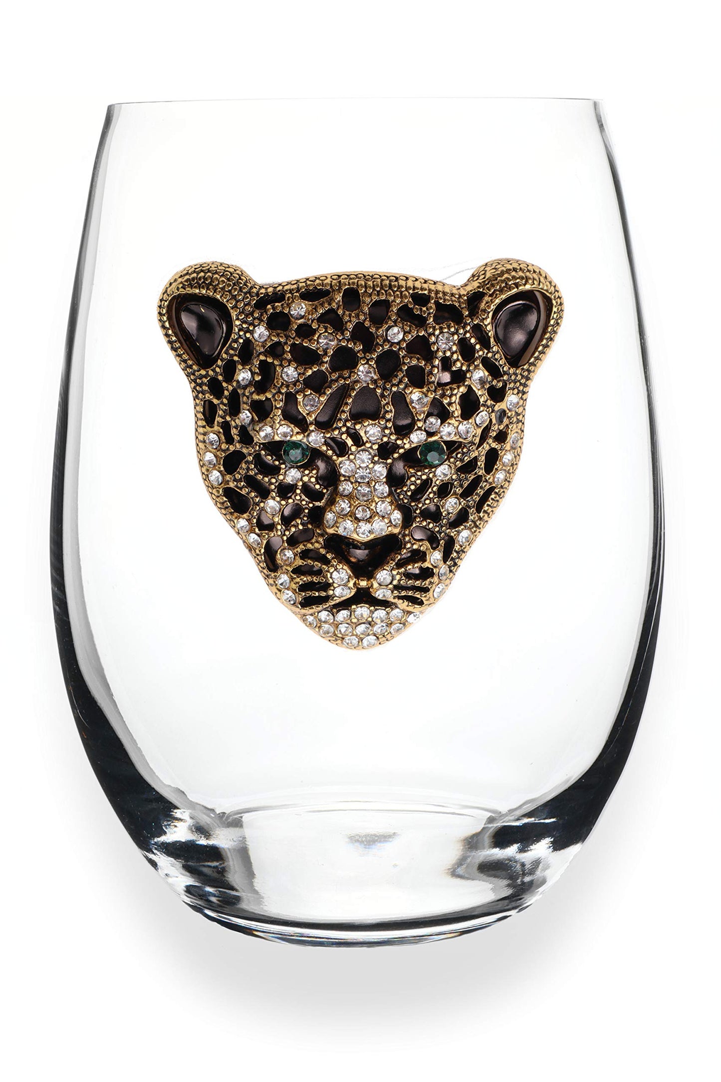 Gold Leopard Jeweled Stemless Wine Glass, 21 oz. - Unique Gift for Women, Birthday, Cute, Fun, Not Painted, Decorated, Bling, Bedazzled, Rhinestone