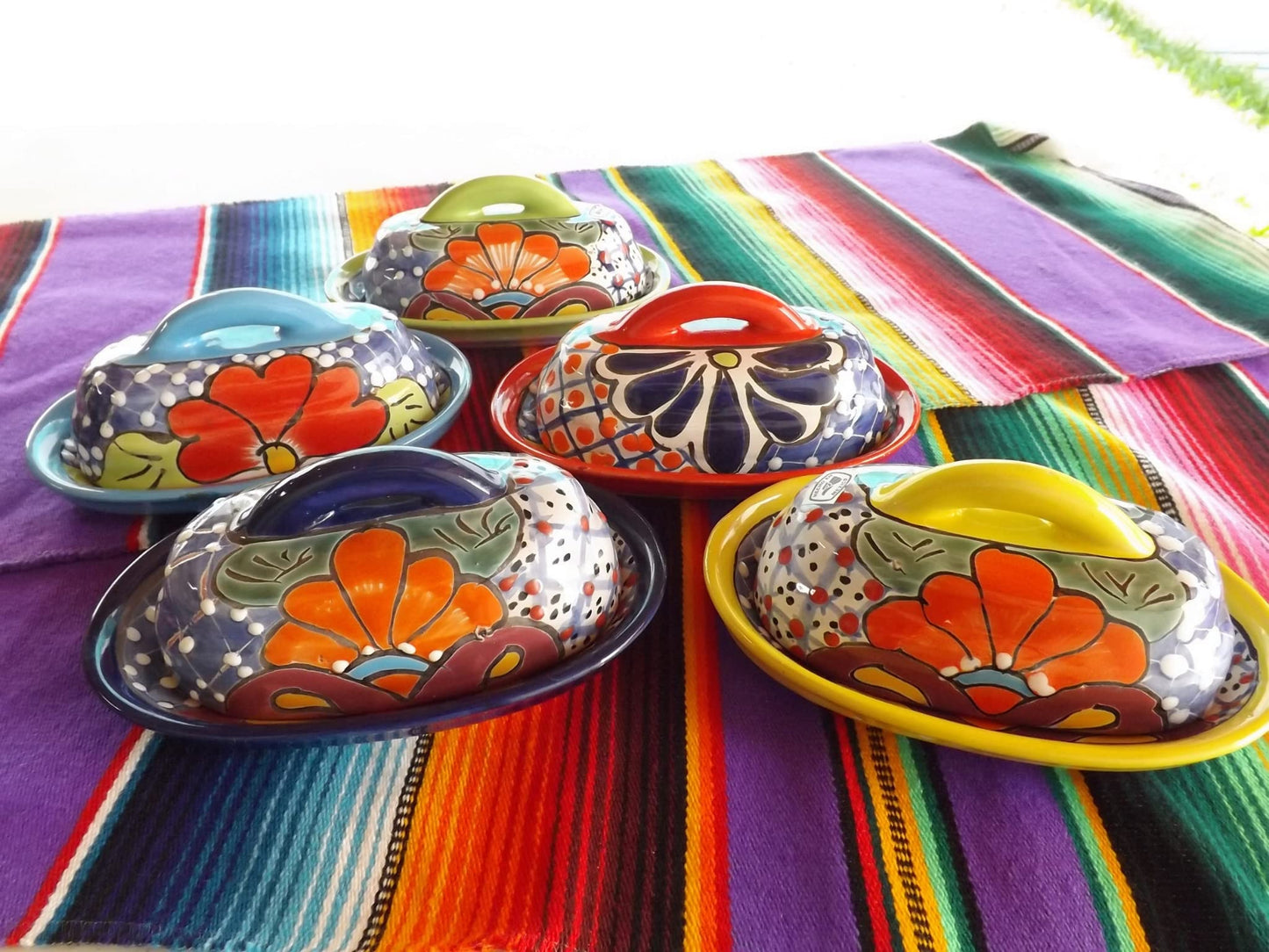 MEXTEQUIL - Butter Dish Ceramic Talavera with Lid Hand Painted Authentic Mexican Pottery Kitchen Floral Design (Aqua)