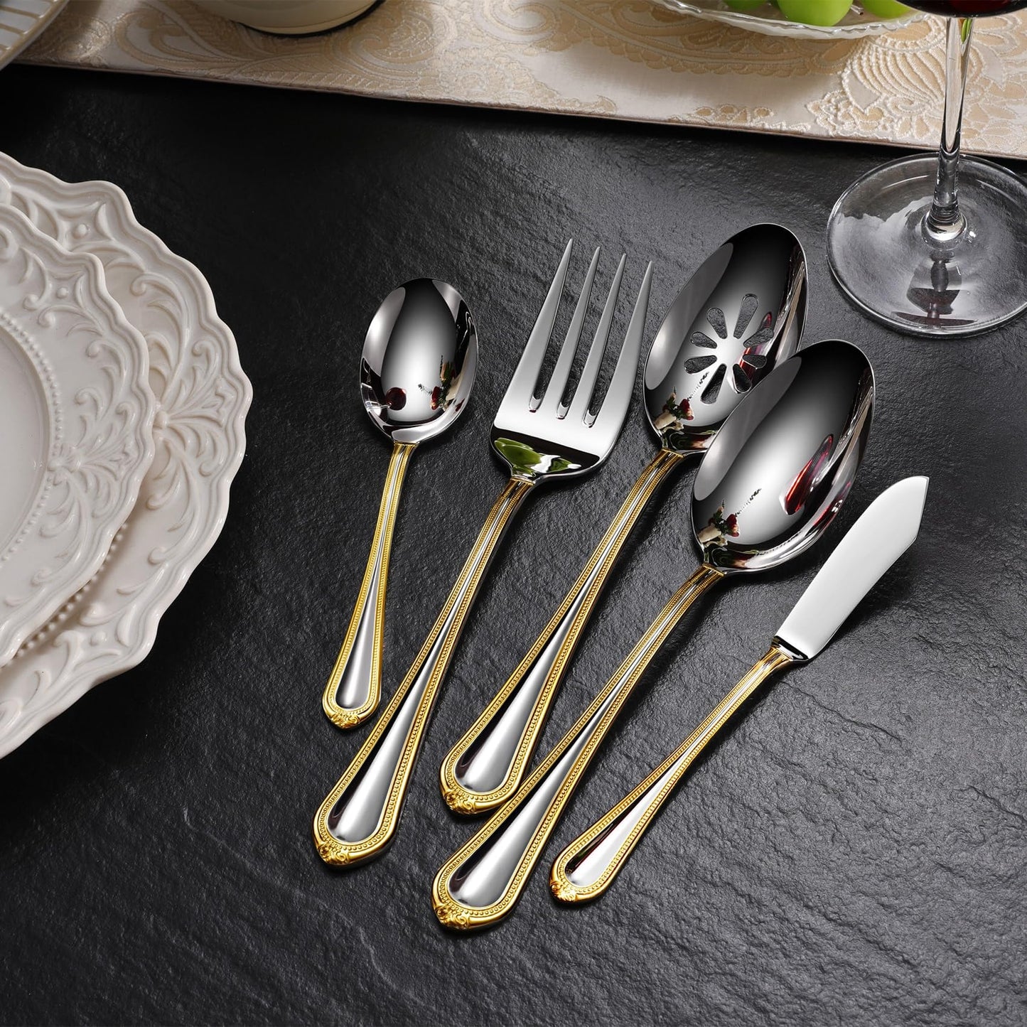 KEAWELL Pearl Edge Premium Hostess Serving Utensils Set, 18/10 Stainless Steel, 9" Fine Hostess Utensils with Refined Bead Design, Brightly Polished, Gold Accent, Dishwasher Safe (Hostess Serving Set)