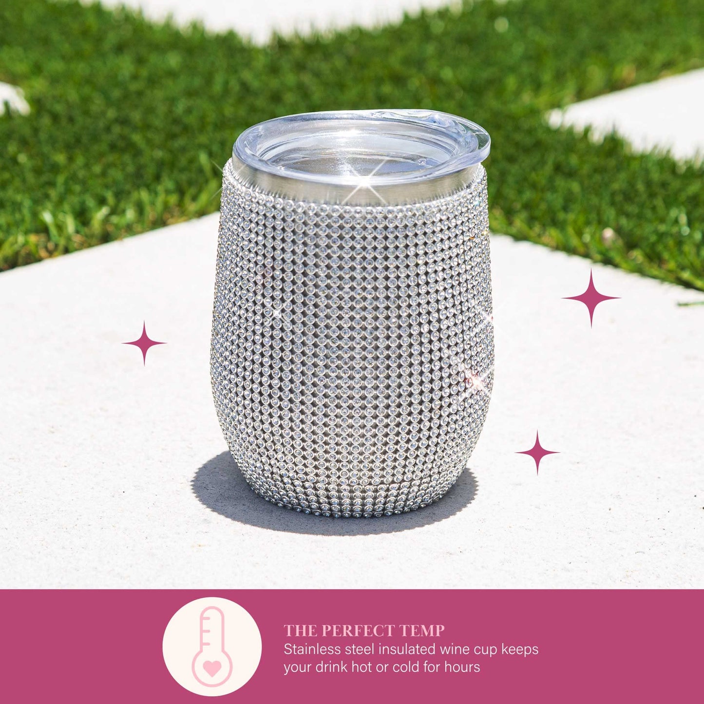 Paris Hilton Diamond Bling Wine Tumbler, Vacuum Insulated Stainless Steel with Easy Sip Lid, Bedazzled with Over 2500 Rhinestones, 12-Ounce, Silver