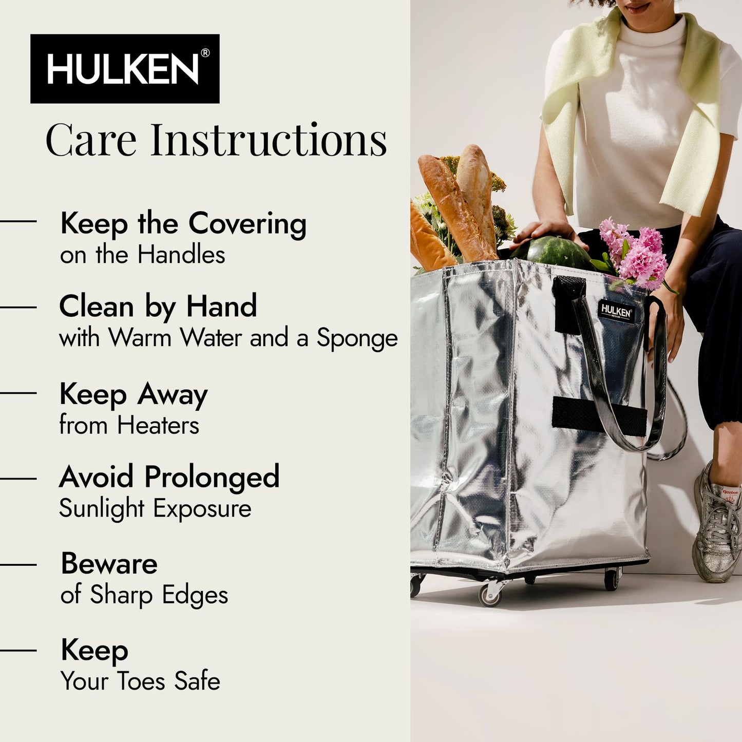 HULKEN (Medium, Silver) Reusable Grocery Bag On Wheels, Shopping Trolley, Rolling Tote, Zipper Closure, Lightweight, Carries Up to 66 lb, Folds Flat, Unbreakable Handles