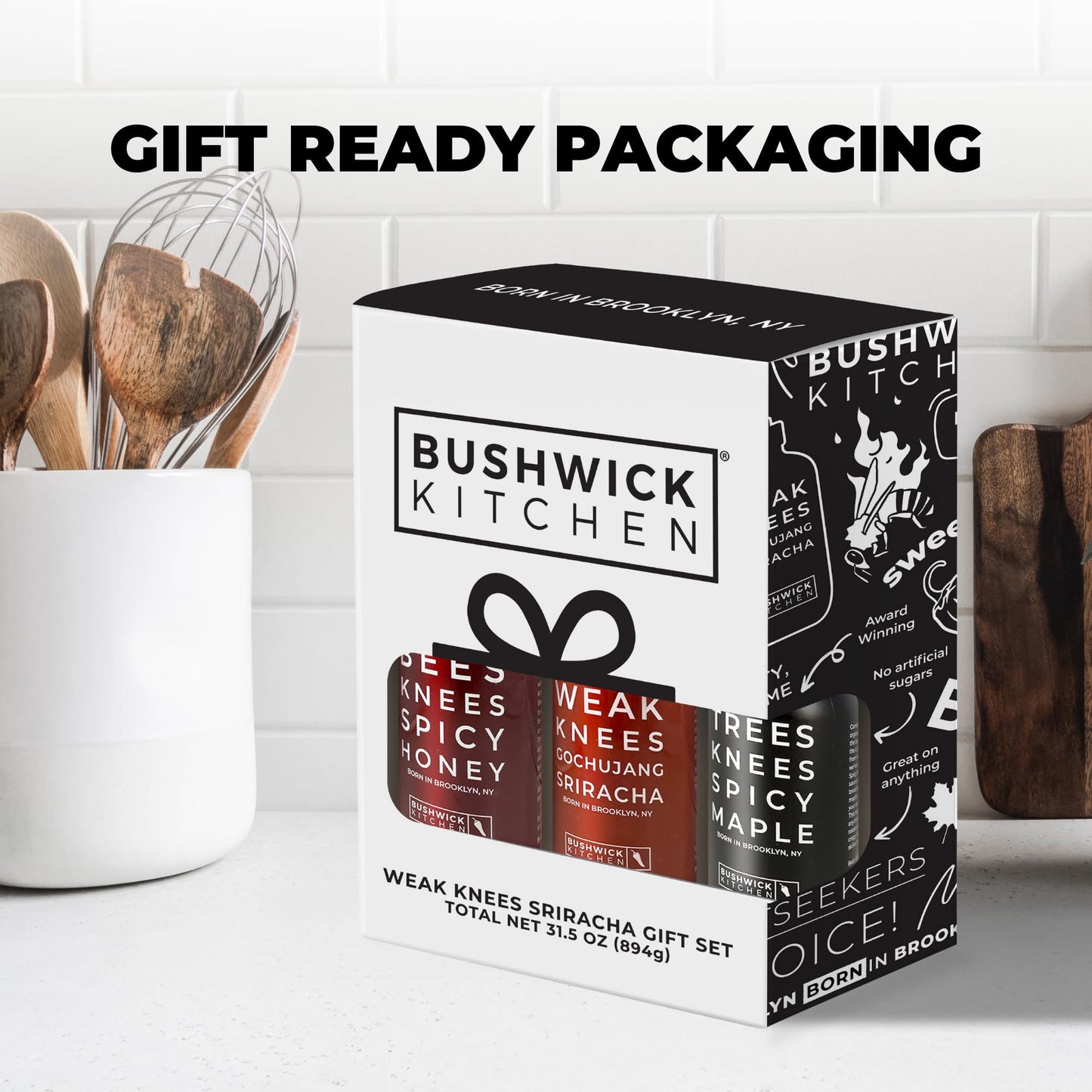 Bushwick Kitchen Spicy Sampler Gift Box, Set Includes our Gochujang Sriracha, Spicy Maple Syrup, and Spicy Honey Hot Sauces, 5 Recipes, Chile Pepper Dish Towel, and Bushwick Kitchen Gift Box