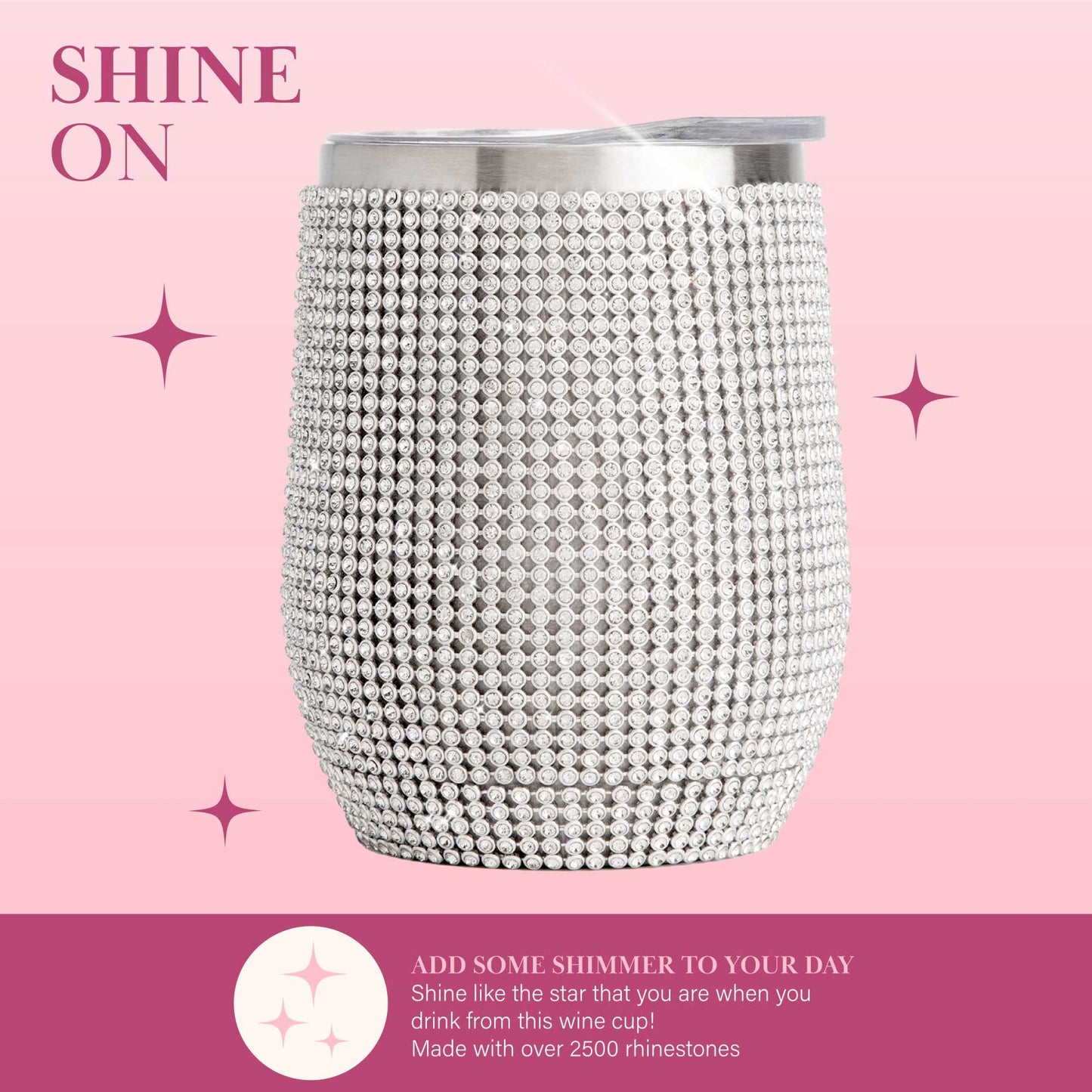 Paris Hilton Diamond Bling Wine Tumbler, Vacuum Insulated Stainless Steel with Easy Sip Lid, Bedazzled with Over 2500 Rhinestones, 12-Ounce, Silver