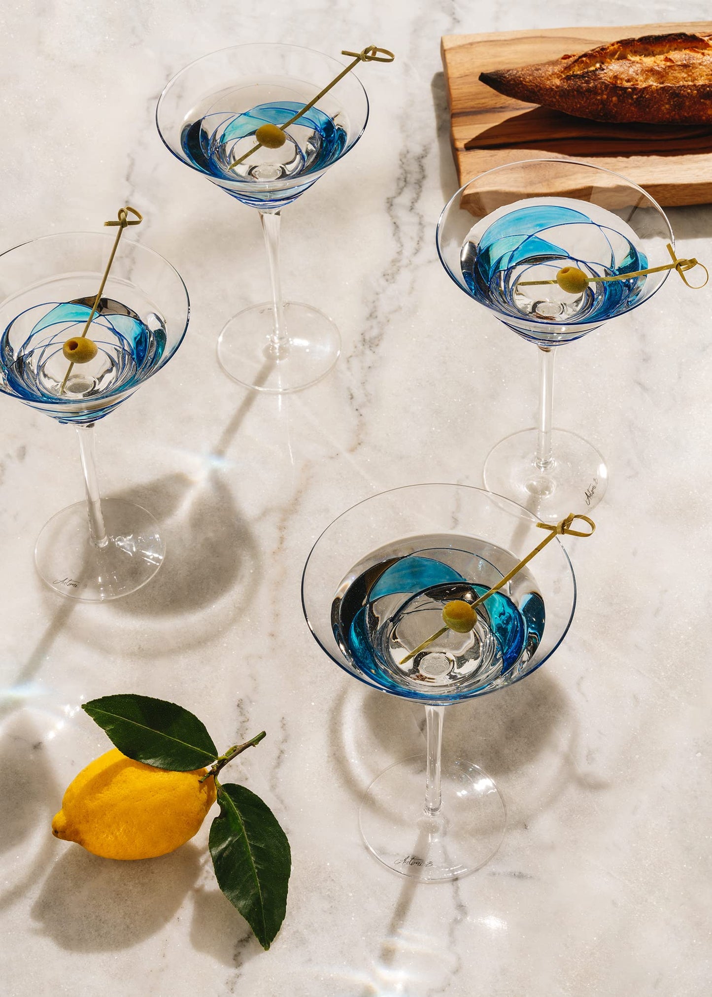 Antoni Barcelona Martini Glass Special Dry Cocktail 12 Oz. BLUE LINE Refreshment Party Mediterranean Stunning Gift Drinkware Birthday Present Weddding Anniversary (Set 2)